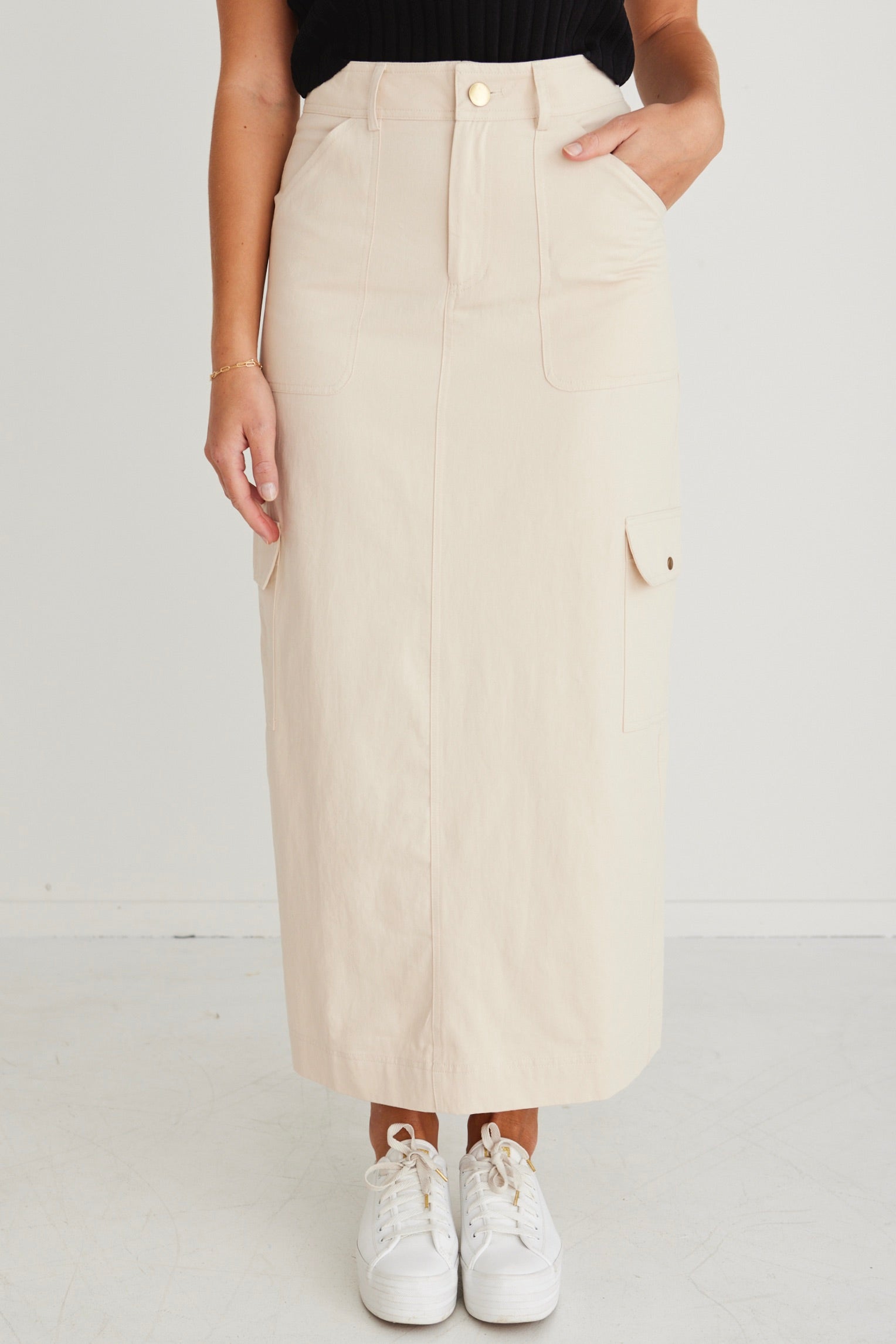 Frank Ivory Cotton Utility Midi Skirt for Women - Casual Stretch Waist A-Line Skirt with Pockets - Perfect for Work, Office, and Everyday Wear