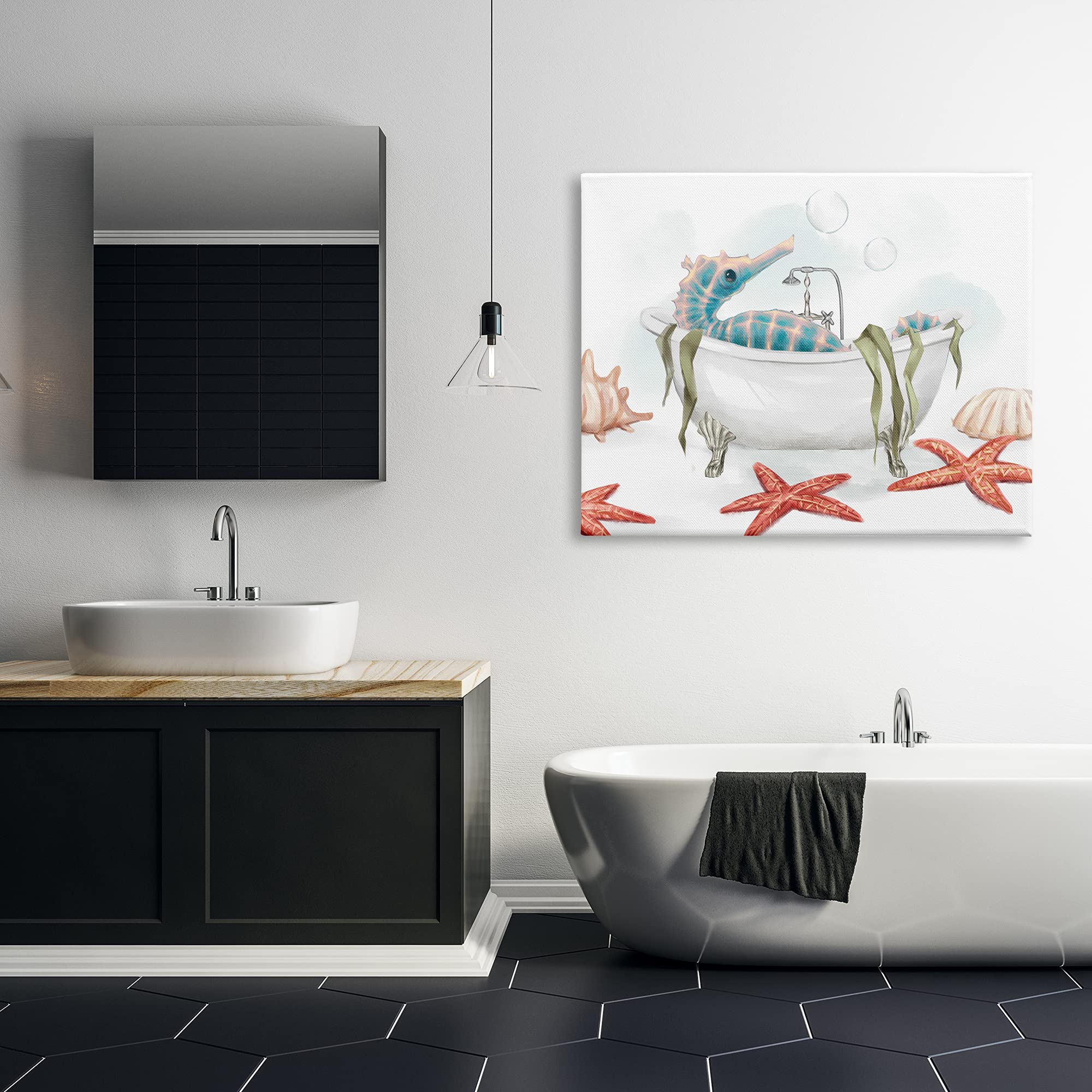 Stupell Industries Seahorse Resting Nautical Bath Tub Starfish Bubbles Canvas Wall Art - Coastal Beach Decor for Bathroom, Nursery & Living Room | Designed by Ziwei Li | Red Ocean Theme Painting