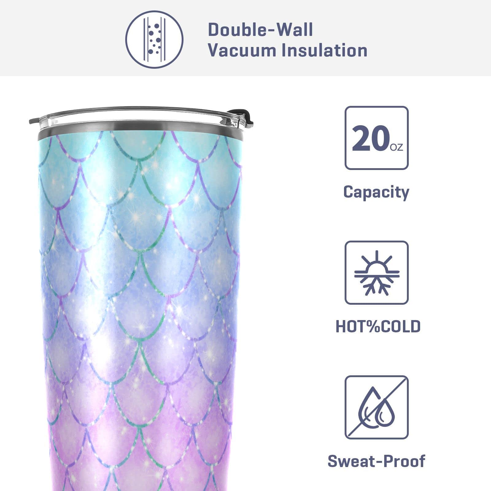 CaTaKu 20oz Mermaid Scales Purple Stainless Steel Tumbler with Lid & Straw - Vacuum Insulated Double Wall Travel Mug for Hot & Cold Drinks - Perfect for Coffee, Tea, Water & On-the-Go Use in Car, Office or Outdoor Adventures