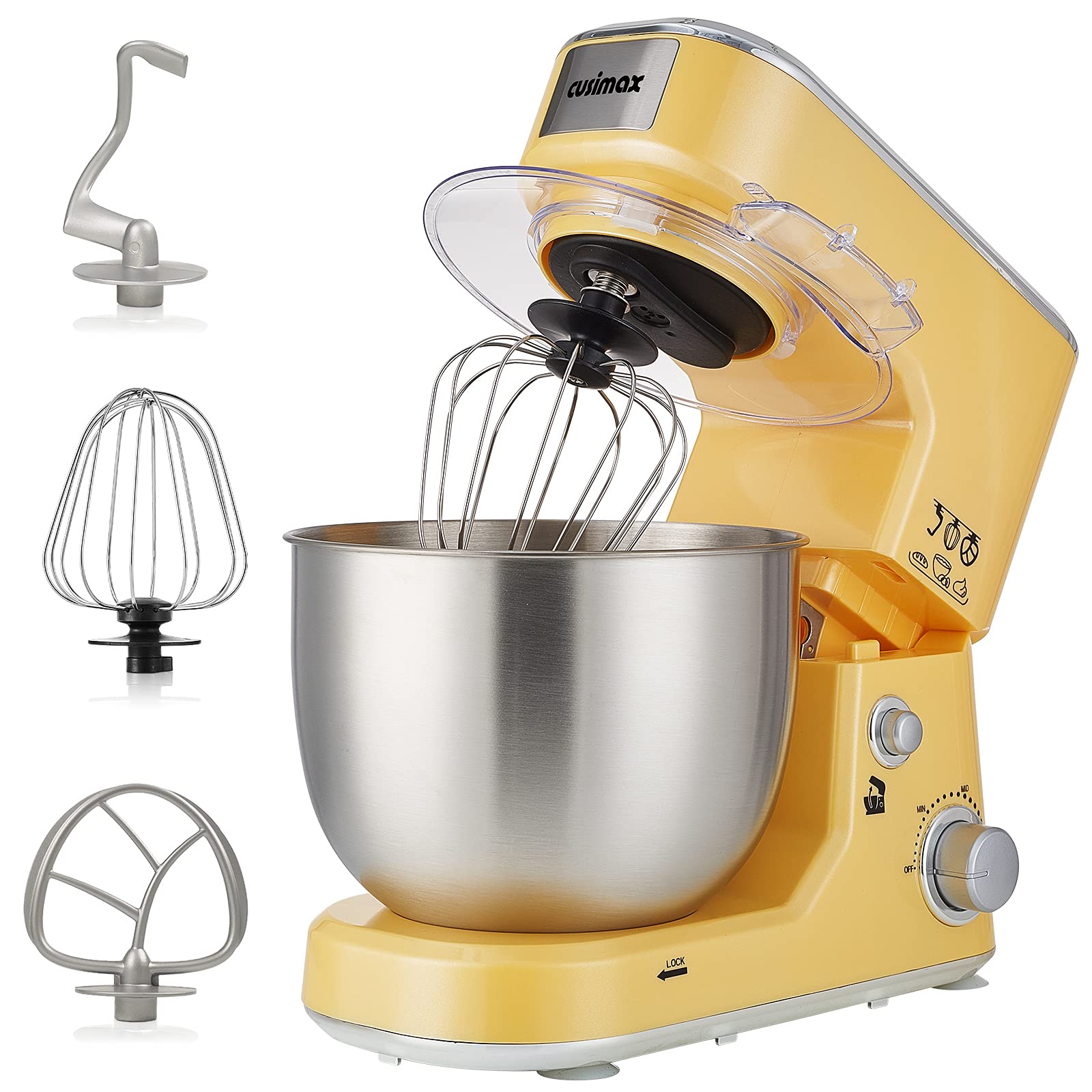 CUSIMAX 5-QT Stand Mixer with Stainless Steel Bowl - Tilt-Head Electric Kitchen Mixer Includes Dough Hook, Mixing Beater & Whisk, Splash Guard in Yellow - Perfect for Baking Cakes, Cookies, Bread & More