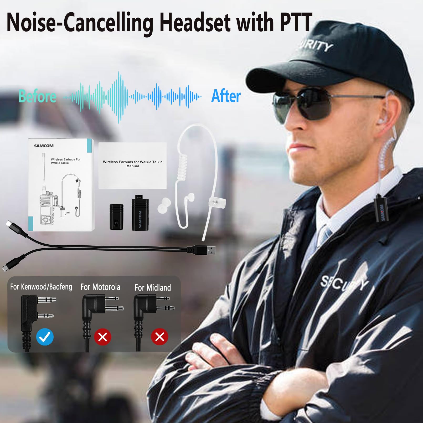 Wireless Bluetooth Headset with Clear Acoustic Tube Earpiece - 10 Hour Battery Life, PTT Microphone & 2-Pin Dongle for Two-Way Radios | Perfect for Security, Surveillance & Professional Communication