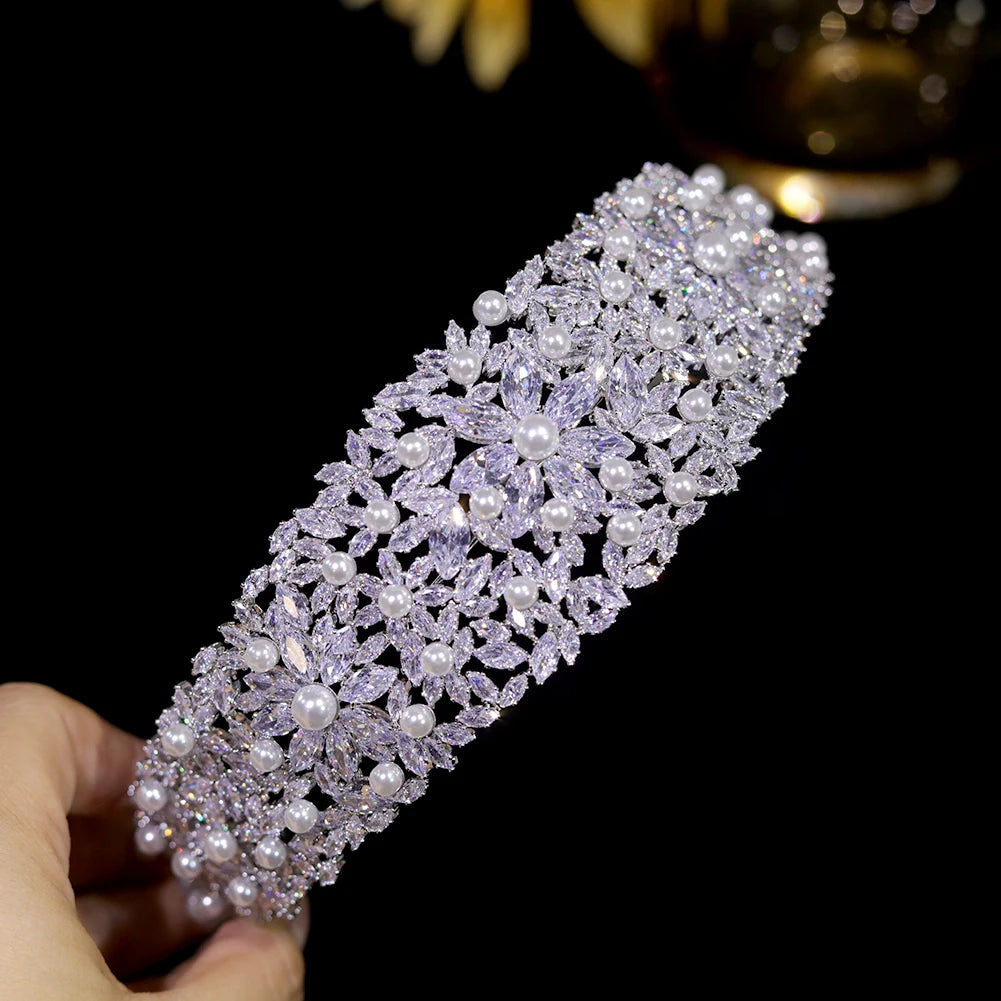 Luxury Bridal Pearl Headband with Crystal Tiara - Wedding Flower Crown for Bride, Bridesmaids & Special Occasions - Perfect for Ceremonies, Photos & Prom