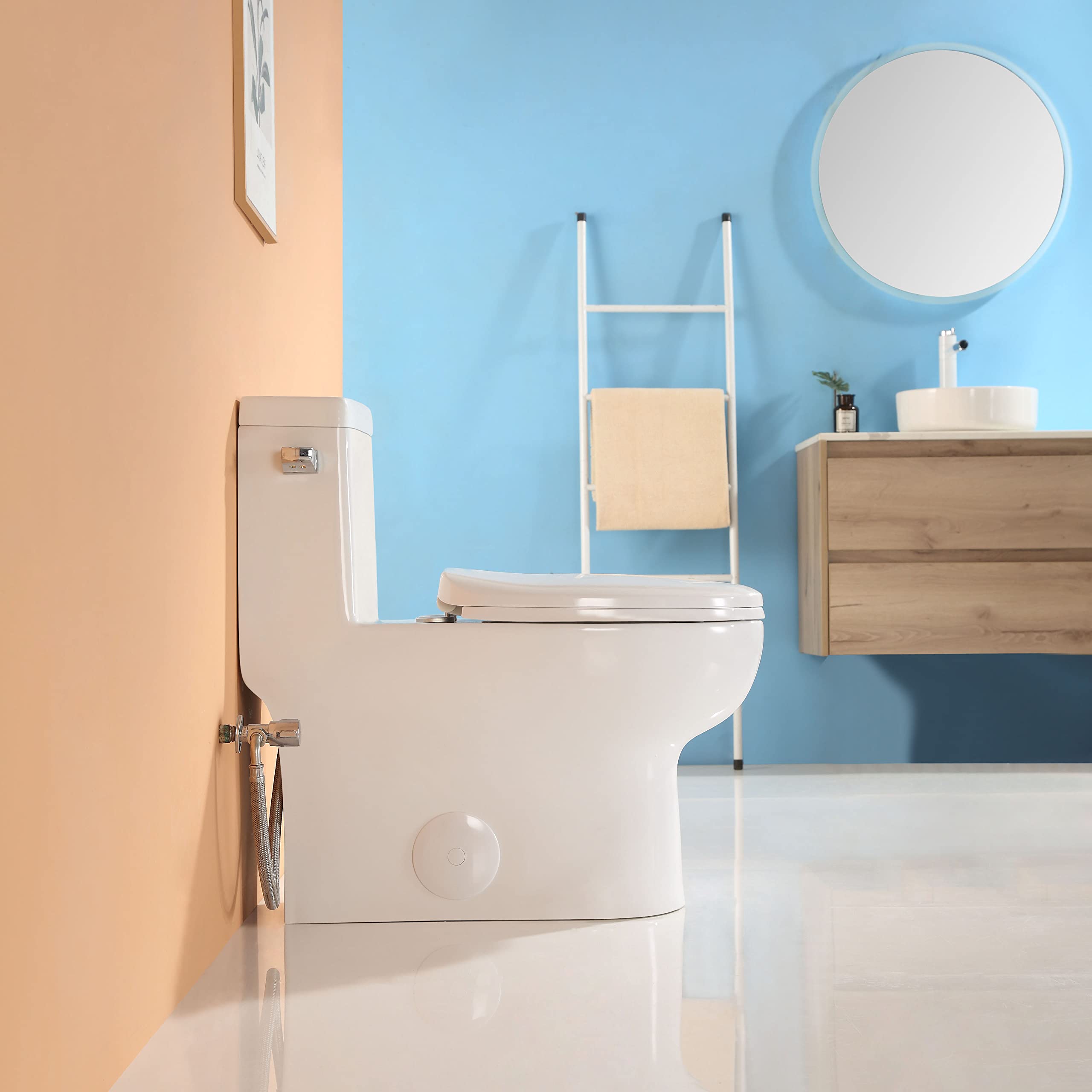 HOROW HR-ST076W One Piece Elongated Toilet with Soft Closing Seat - Left-Hand Trip Lever, 1.28 GPF High Efficiency Single Side Flush, 12-Inch Rough-In, White Bathroom Toilet Bowl for Modern Homes & Commercial Spaces