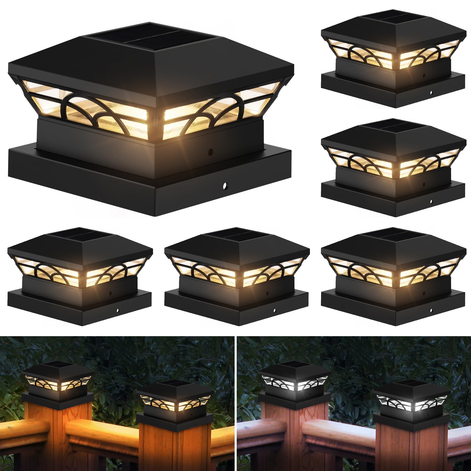T-SUN Solar Post Cap Lights - 6 Pack Warm White LED for 3.5X3.5 to 5X5 Wood/Vinyl Fence Posts, Waterproof Outdoor Lighting for Garden, Patio, Porch, Deck & Pathway Illumination at Night