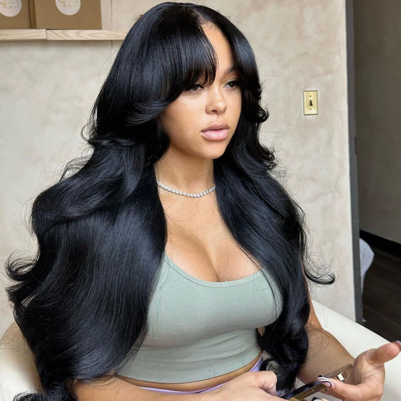 Eullair Pre-Cut Lace Human Hair Wig - TikTok Viral Layered Cut with Wavy Body Wave & Butterfly Curtain Bangs | Perfect for Cosplay, Daily Wear & Special Occasions