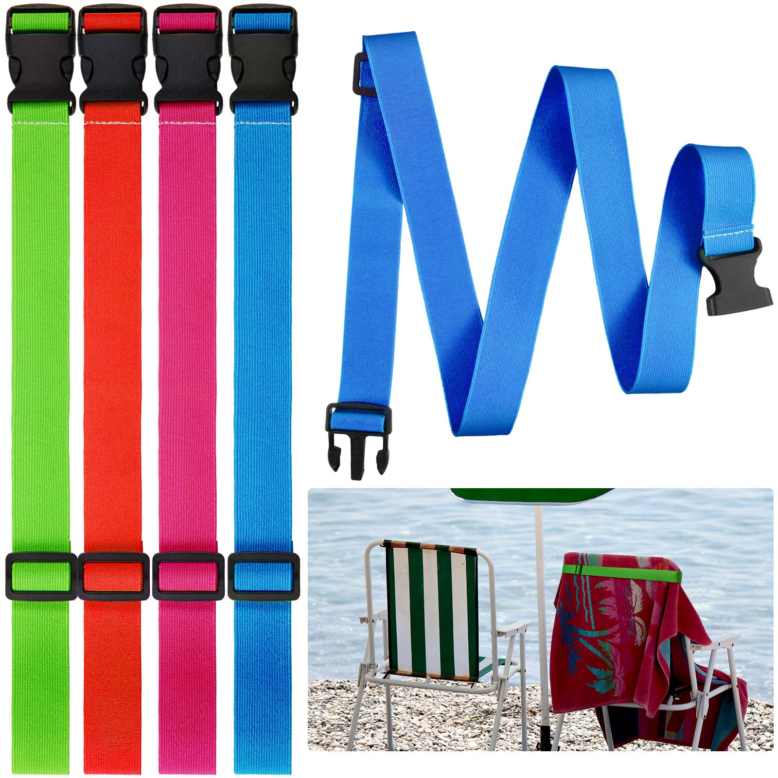 Boao 4-Pack Adjustable Beach Towel Bands & Chair Clips - Elastic Straps for Pool, Cruise, Carnival & Travel - Secure Towels on Beach Chairs, Loungers & Deck Chairs (4 Colors) - Perfect for Vacation, Resort & Outdoor Relaxation