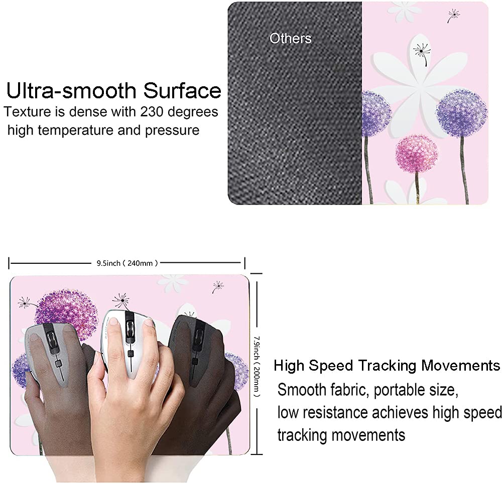 IMAYONDIA Blue Purple Dandelion Flower Mouse Pad - Soft Pink Customized Waterproof Mousepad with Non-Slip Rubber Base - Perfect for Office, Gaming & Home Computer Use