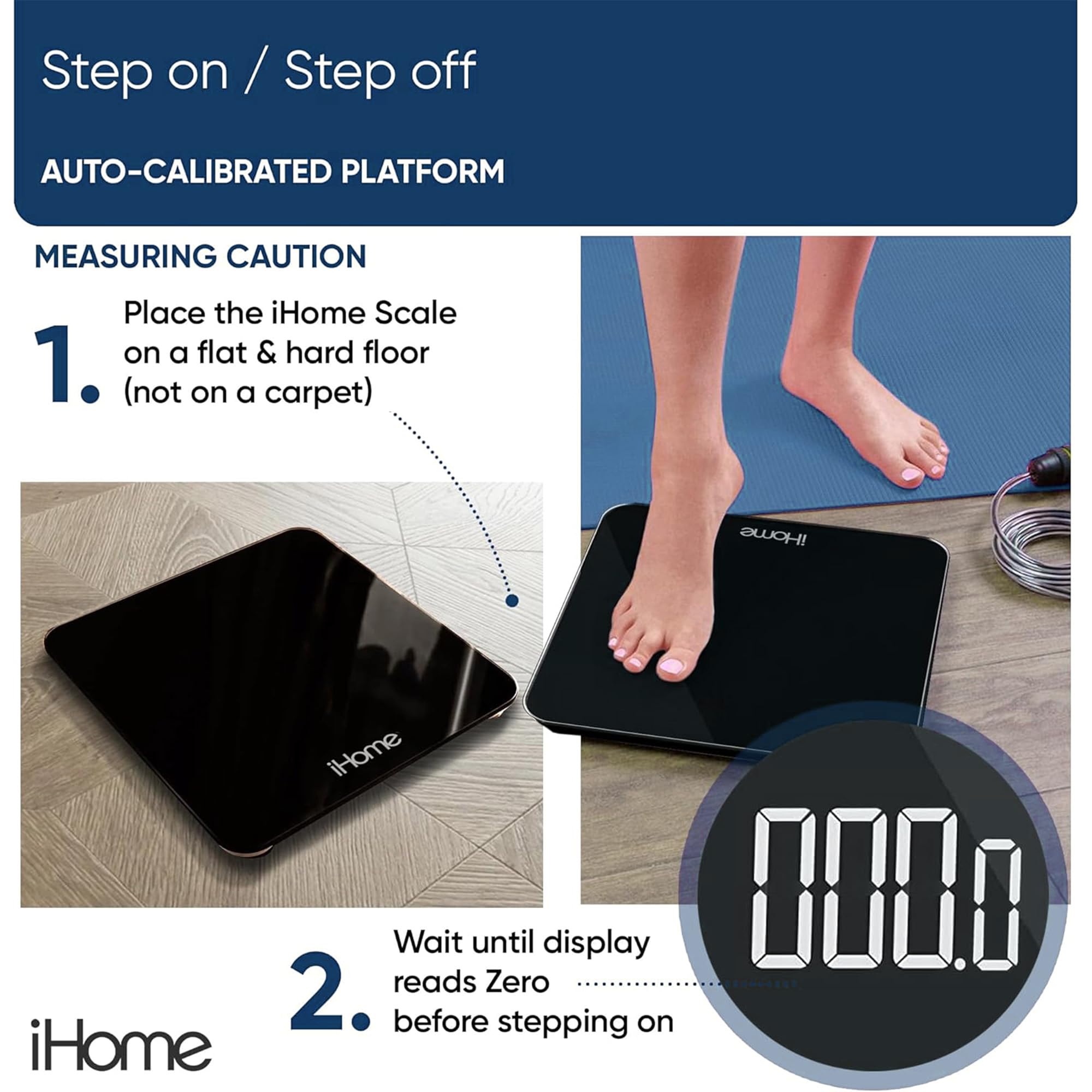 iHome Digital Bathroom Scale with Batteries Included - Accurate Body Weight Measurement in Pounds & Kilograms - Black - Perfect for Home, Gym & Health Tracking
