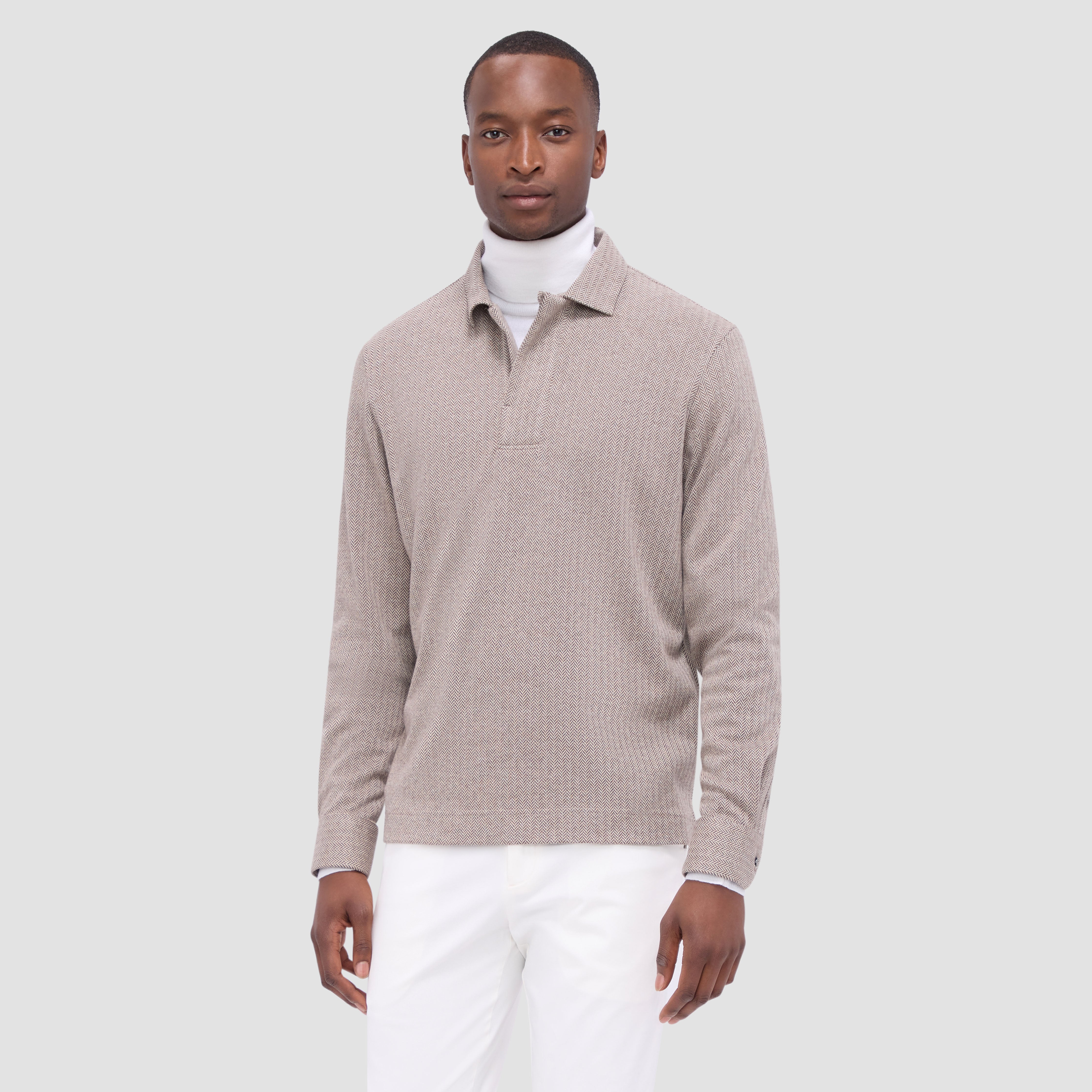 Men's Herringbone Pattern Long Sleeve Polo Shirt - Casual Business & Office Wear - Perfect for Work, Dates & Smart Casual Occasions