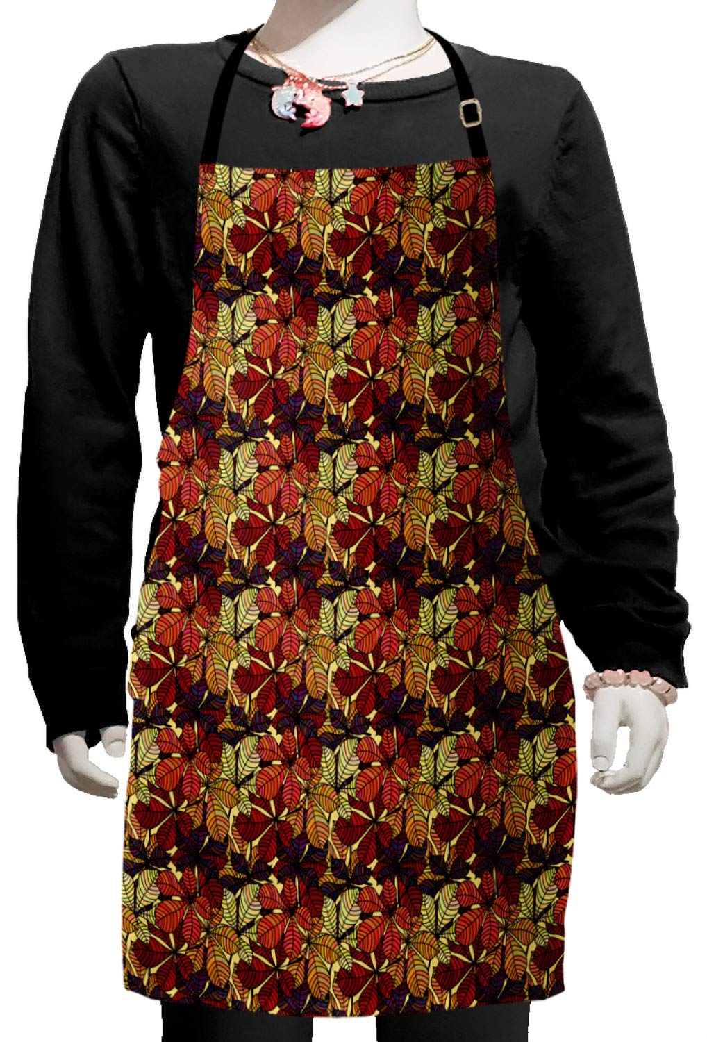 Ambesonne Fall Leaves Apron - Adjustable Small Bib Apron with Leafy Floral Stripes on Yellow Background for Baking, Painting & Cooking - Perfect for Thanksgiving, Autumn Decor & Kitchen Activities