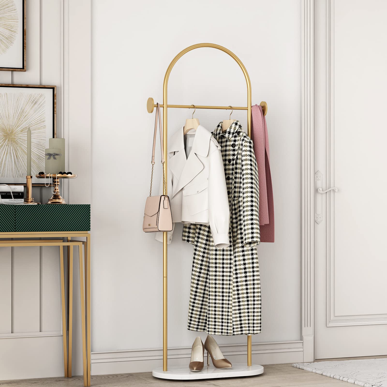 DR.IRON Modern Gold Freestanding Clothes Rack with Shelves - Heavy Duty Coat Hanger Stand with Marble Base & Umbrella Holder for Entryway, Hallway, Office or Bedroom - Perfect for Organizing Jackets, Hats & Accessories in Small Spaces