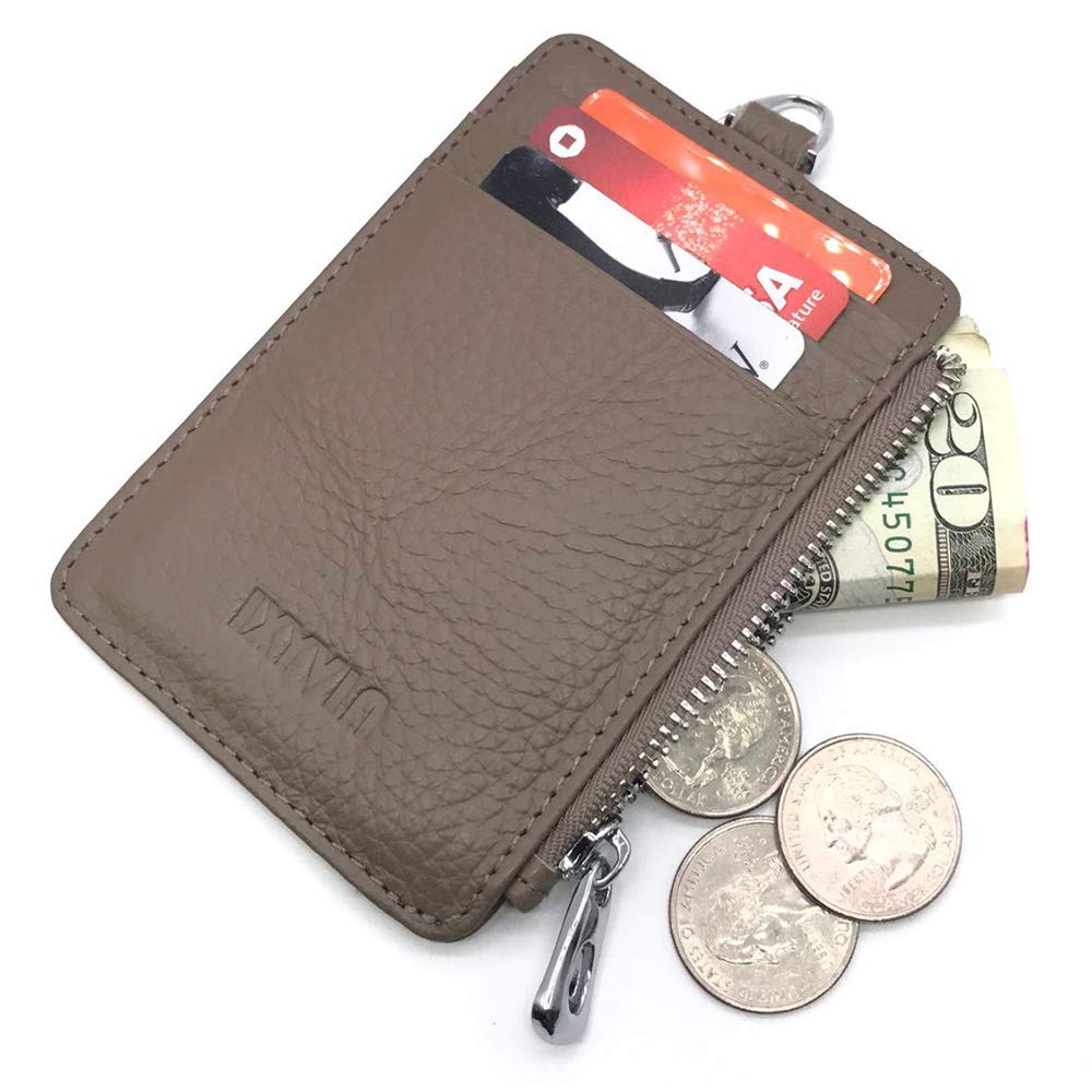 Premium Top Grain Leather ID & Card Holder with Secure Zip Coin Pocket - Pastel Brown | Slim Wallet for Men & Women | Perfect for Travel, Business & Everyday Use