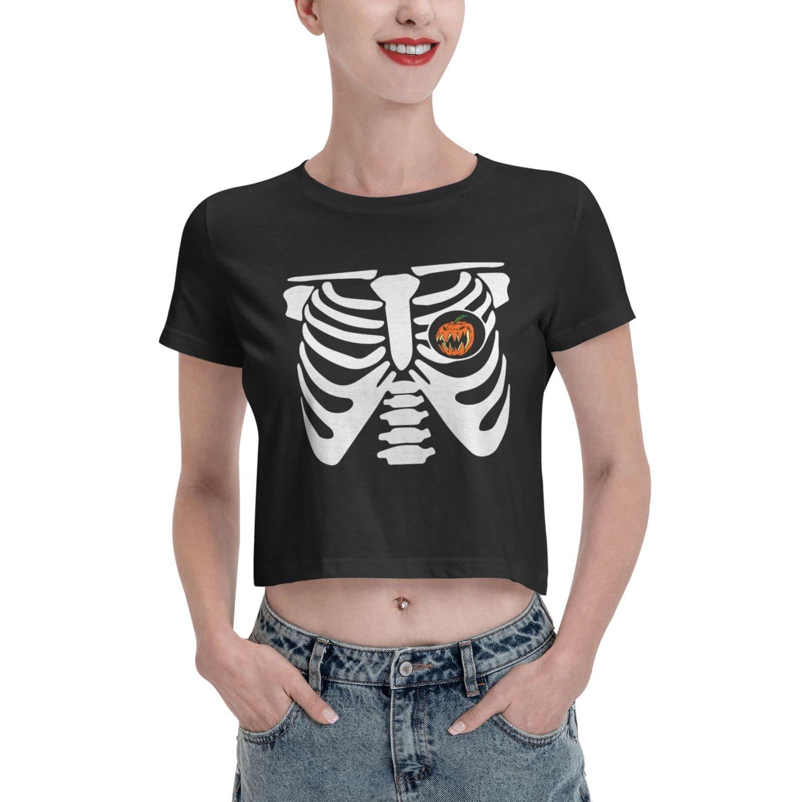 Halloween Pumpkin Skeleton Women's Crop Top - Soft Short Sleeve T-Shirt for Girls | Cute Fall Fashion & Spooky Party Outfit