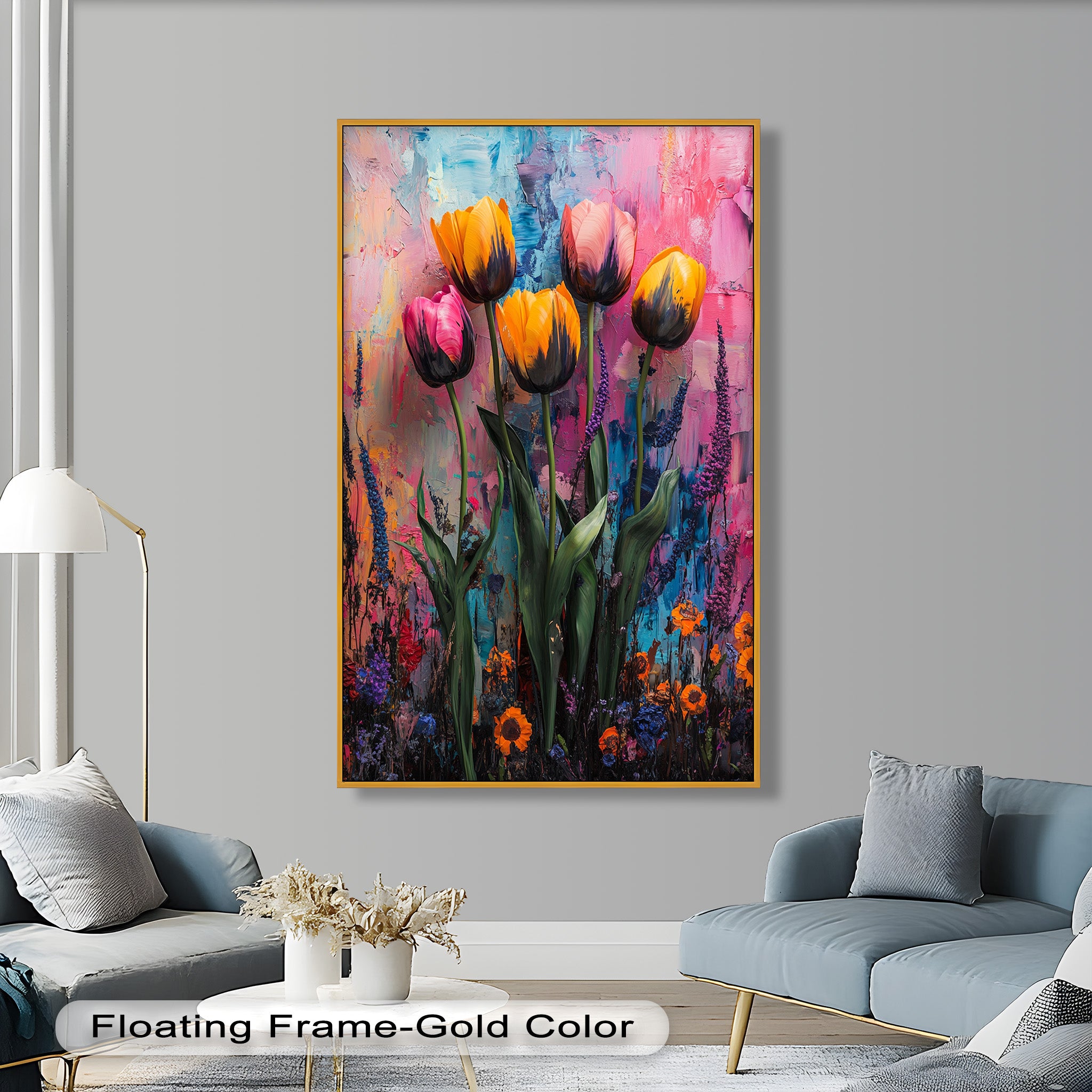 Vibrant Tulip Garden Oil Painting - Handmade Floral Artwork for Home Decor, Living Room, Bedroom & Office Wall Art