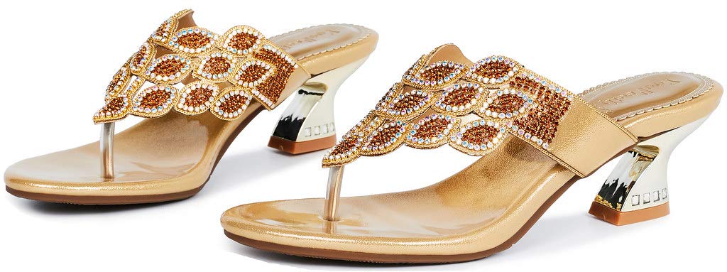 LizFoYa Women's Gold Chunky Low Heel Rhinestone Thong Strap Sandals - Comfortable Dressy Summer Shoes for Weddings, Parties & Beach Vacations