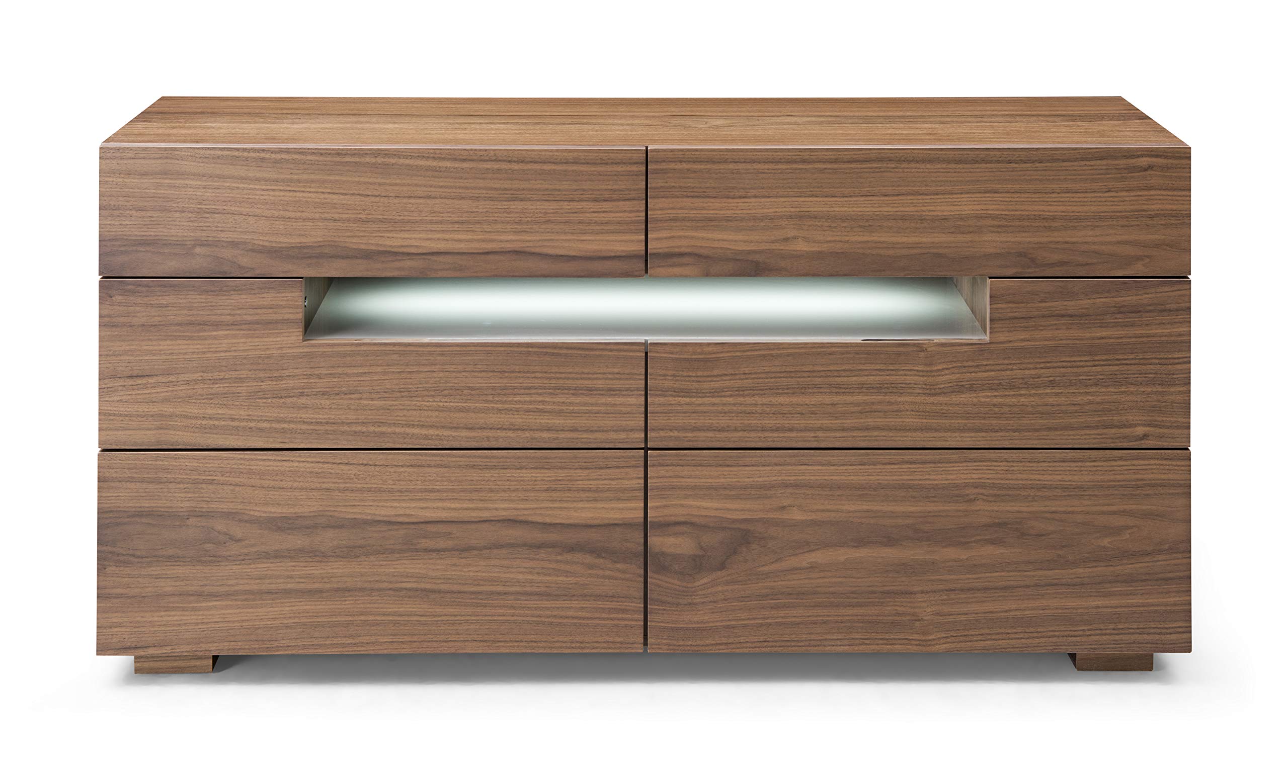 Kymm Collection Modern Walnut Veneer 6-Drawer Dresser with LED Lighting - Contemporary Bedroom Furniture for Master Suite & Guest Room Organization