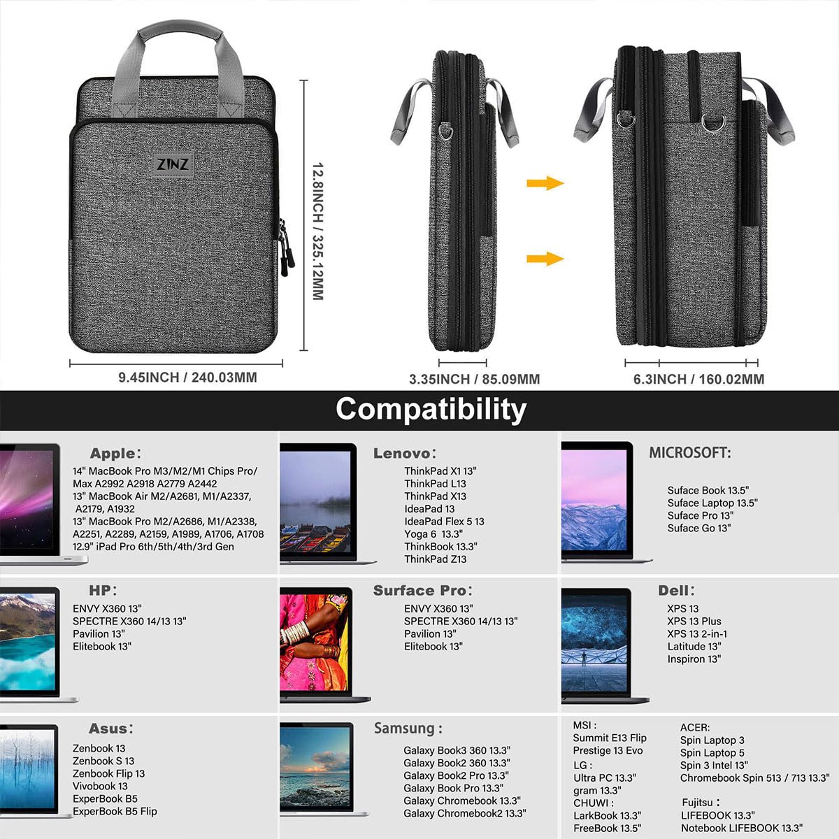 ZINZ Slim Expandable Laptop Shoulder Bag for MacBook Air 13