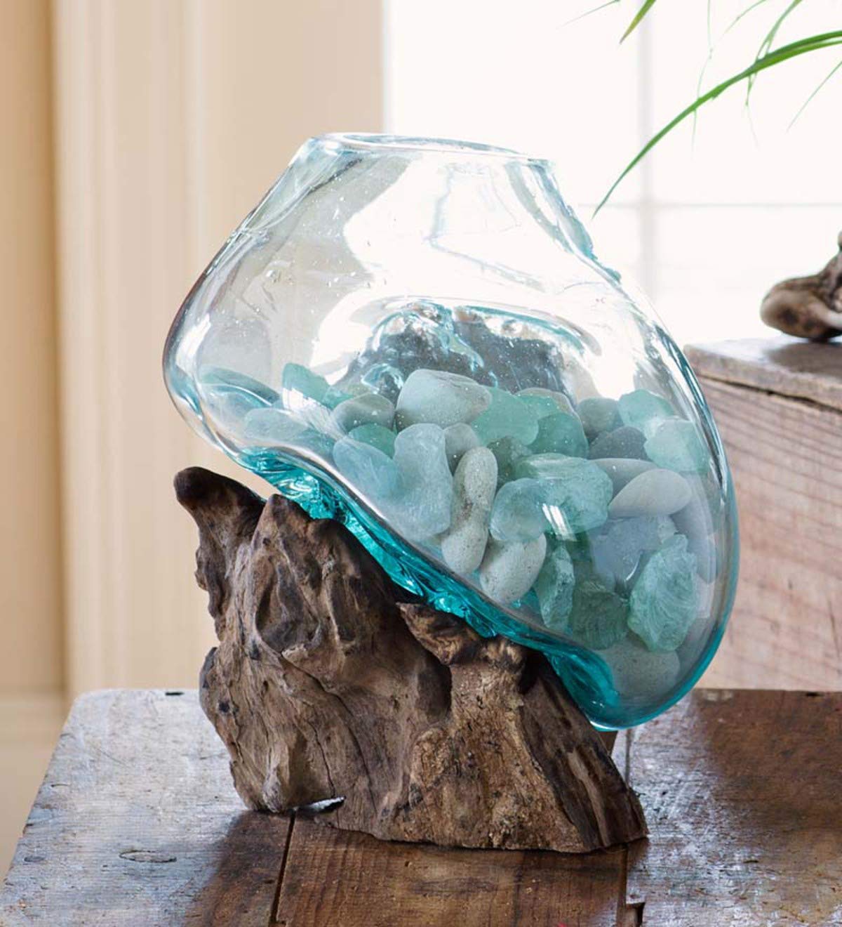 Hand Blown Molten Glass & Teak Wood Terrarium Vase Fish Bowl - Premium Quality 7