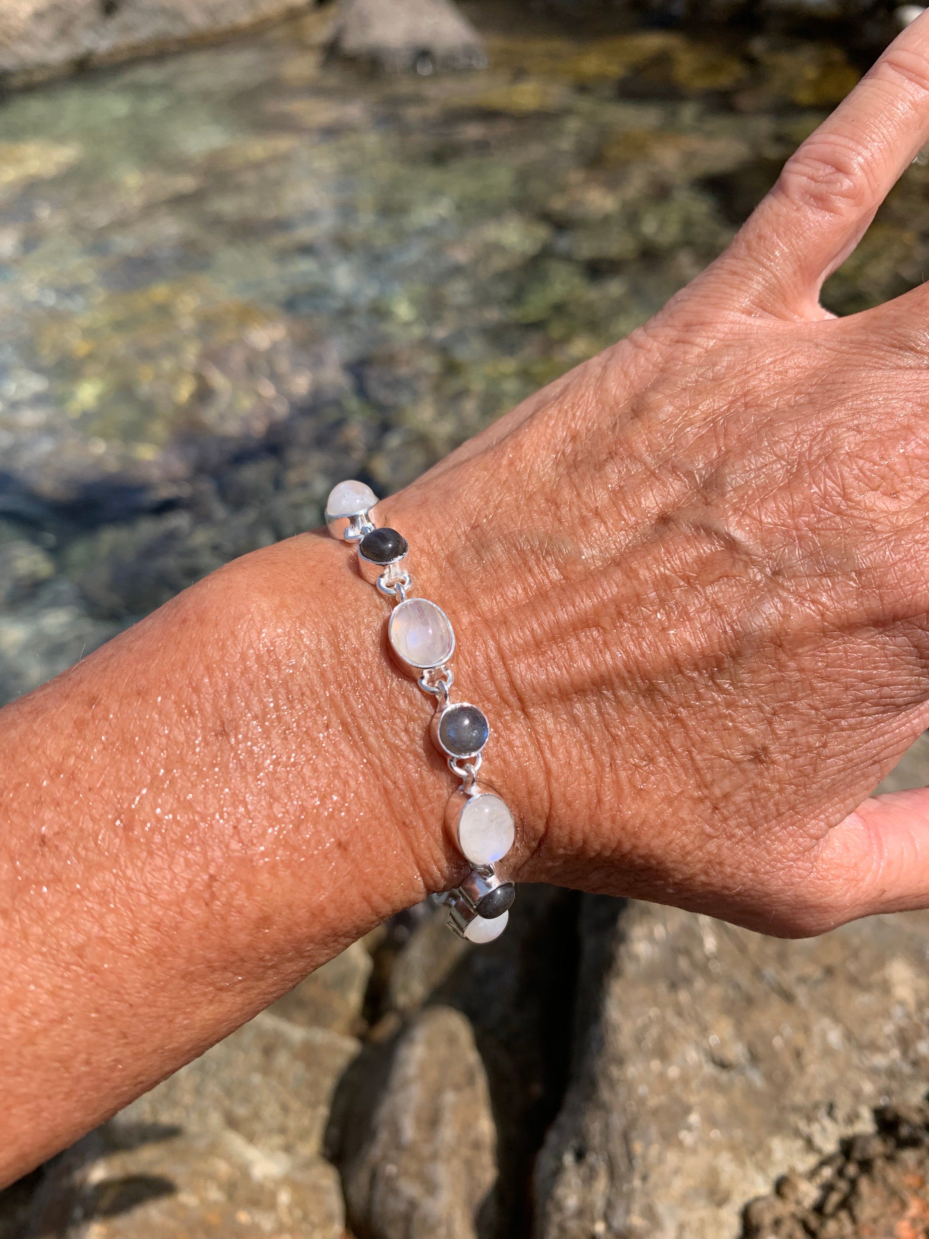 Elegant Silver Moonstone & Labradorite Gemstone Bracelet – Handmade Designer Jewelry for Women | Perfect for Boho, Wedding & Everyday Wear