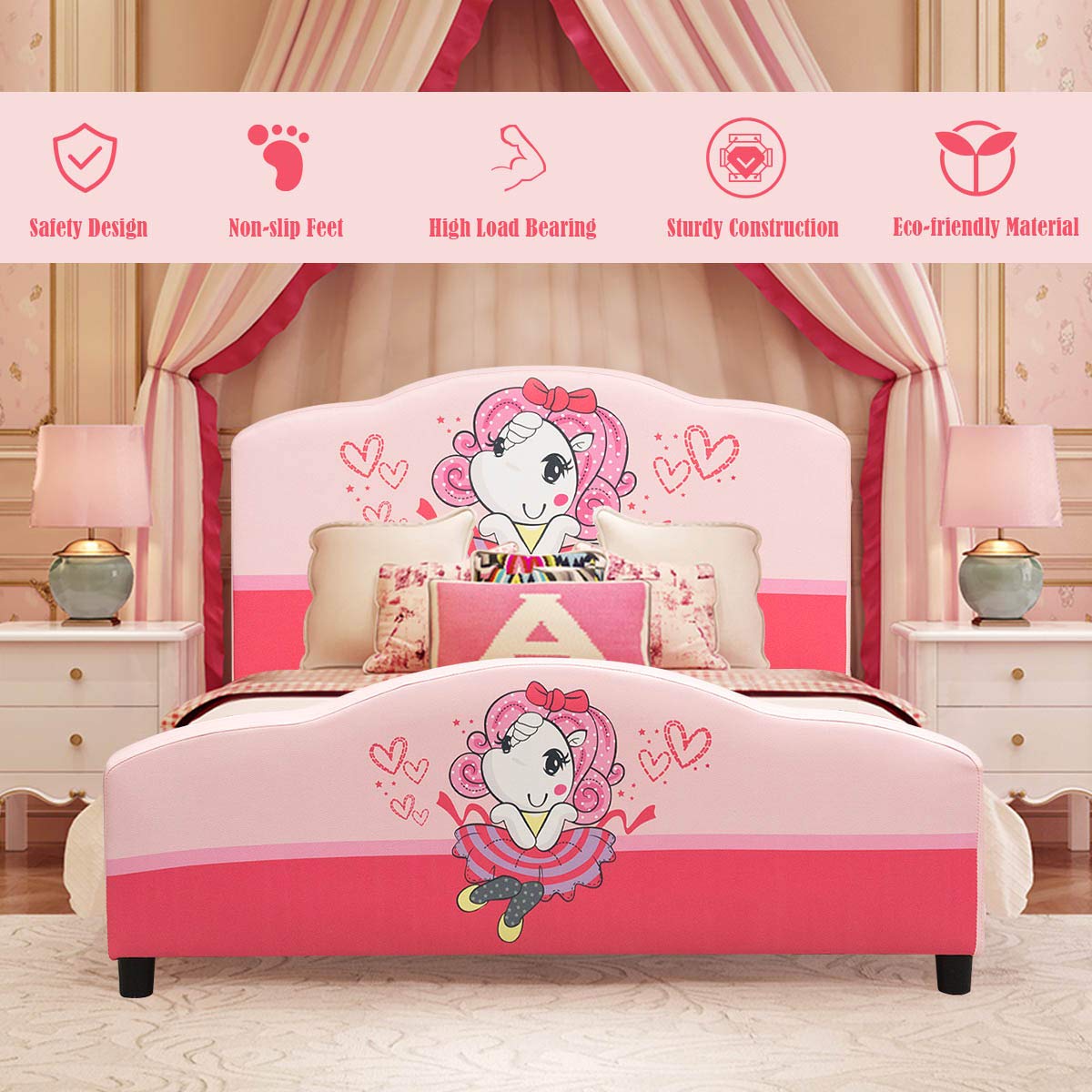Costzon Twin Bed Frame for Kids - Wooden Upholstered Platform Bed with Slat Support, Padded Headboard & Footboard - No Box Spring Needed - Easy Assembly - Fits Standard Twin Mattress - Perfect for Little Girls' Bedrooms, Playrooms & Sleepovers