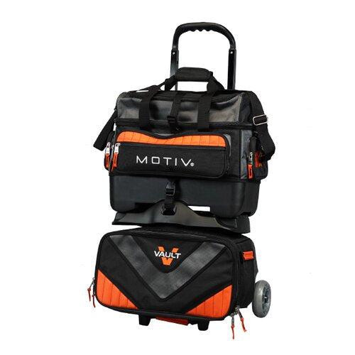 Motiv Vault 4 Ball Roller Bowling Bag - Black/Orange - Durable Bowling Ball Carrier with Wheels for League Play & Tournament Travel
