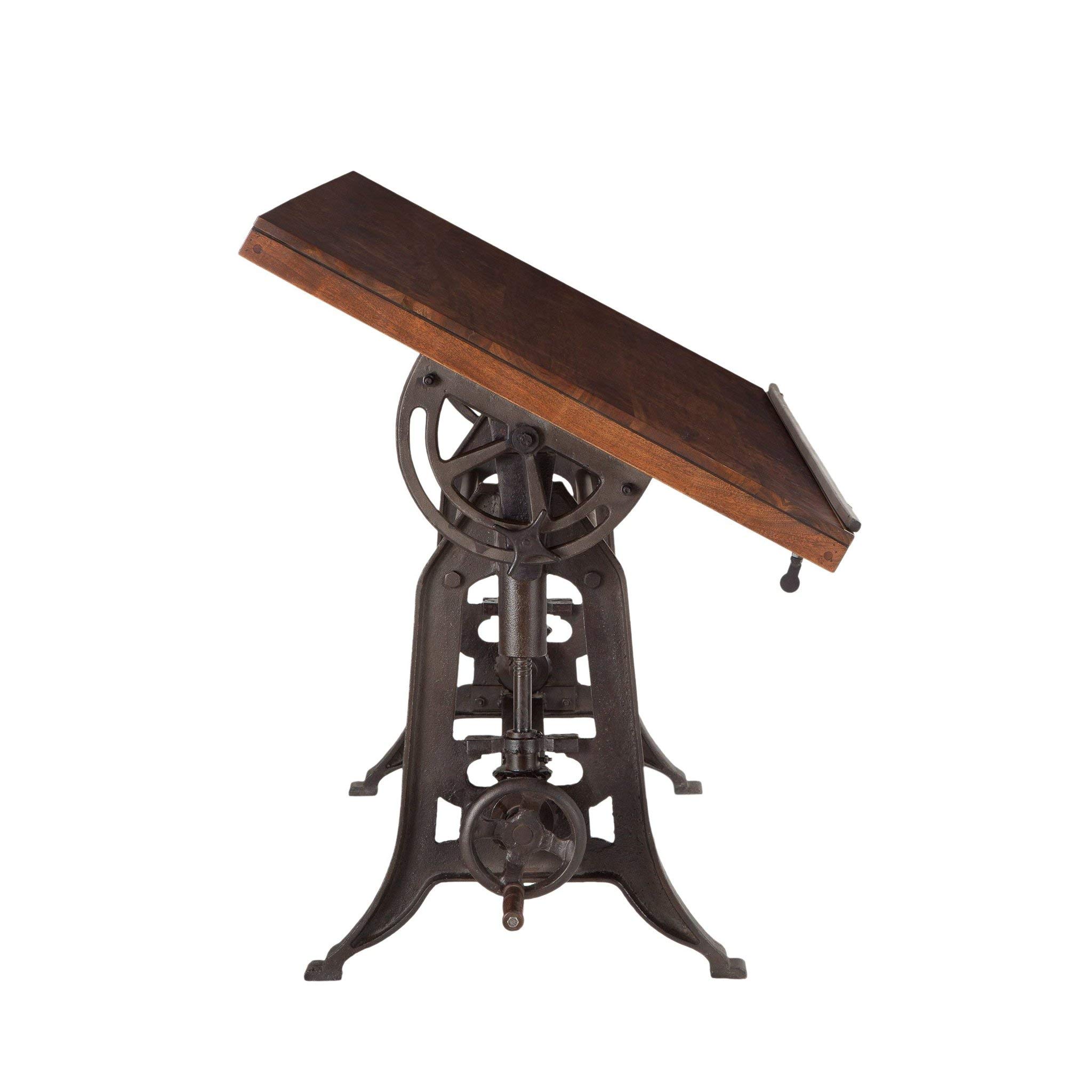 Wellington Industrial Vintage Drafting Table - Adjustable Artist Desk & Standing Desk with Reclaimed Teak Wood Top, Iron Cast Base & Tilt Function | Perfect for Home Office, Art Studio & Architectural Workspace