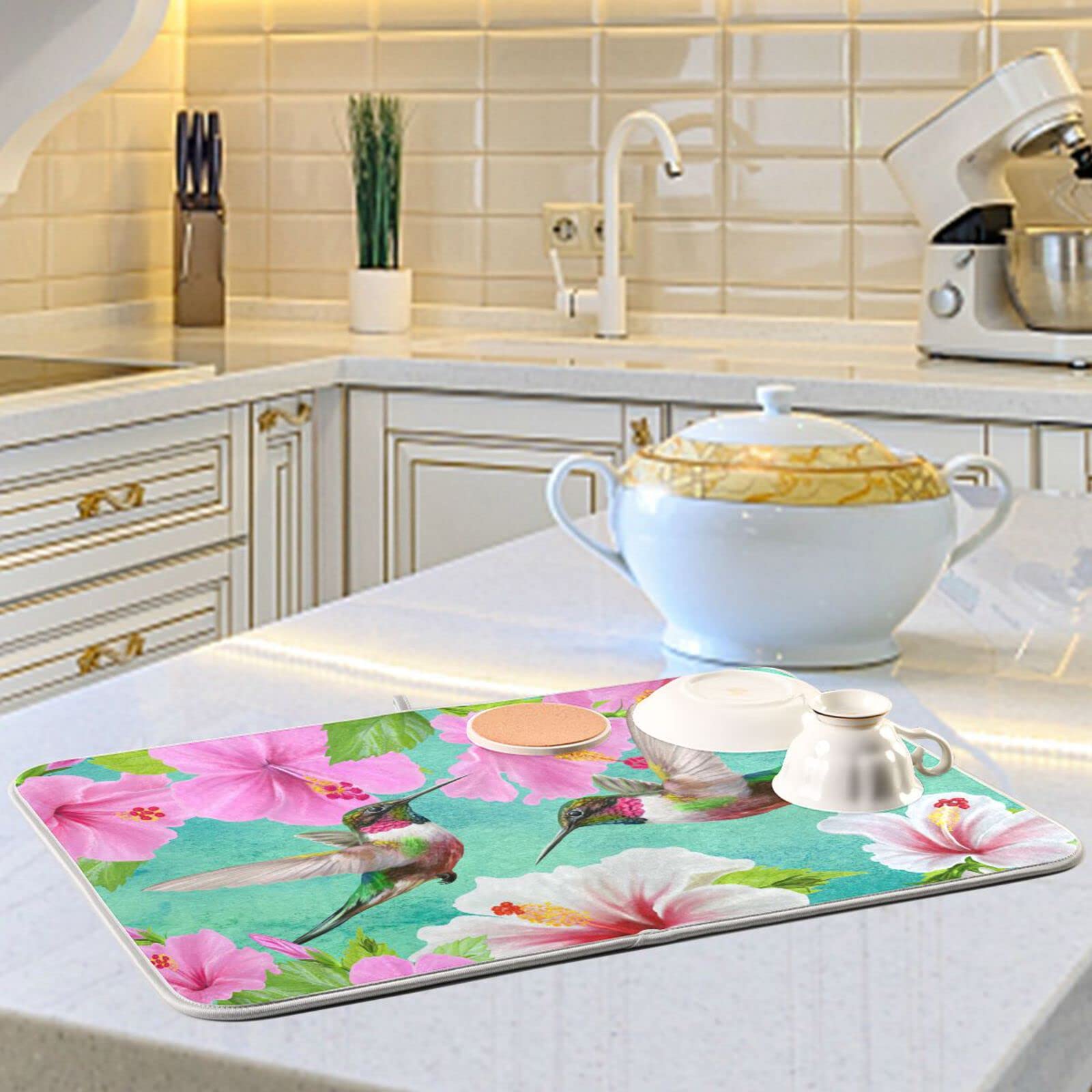 Hummingbird Dish Drying Mat - Ultra Absorbent Kitchen Counter Mat (18x24in) for Fast Drying Dishes