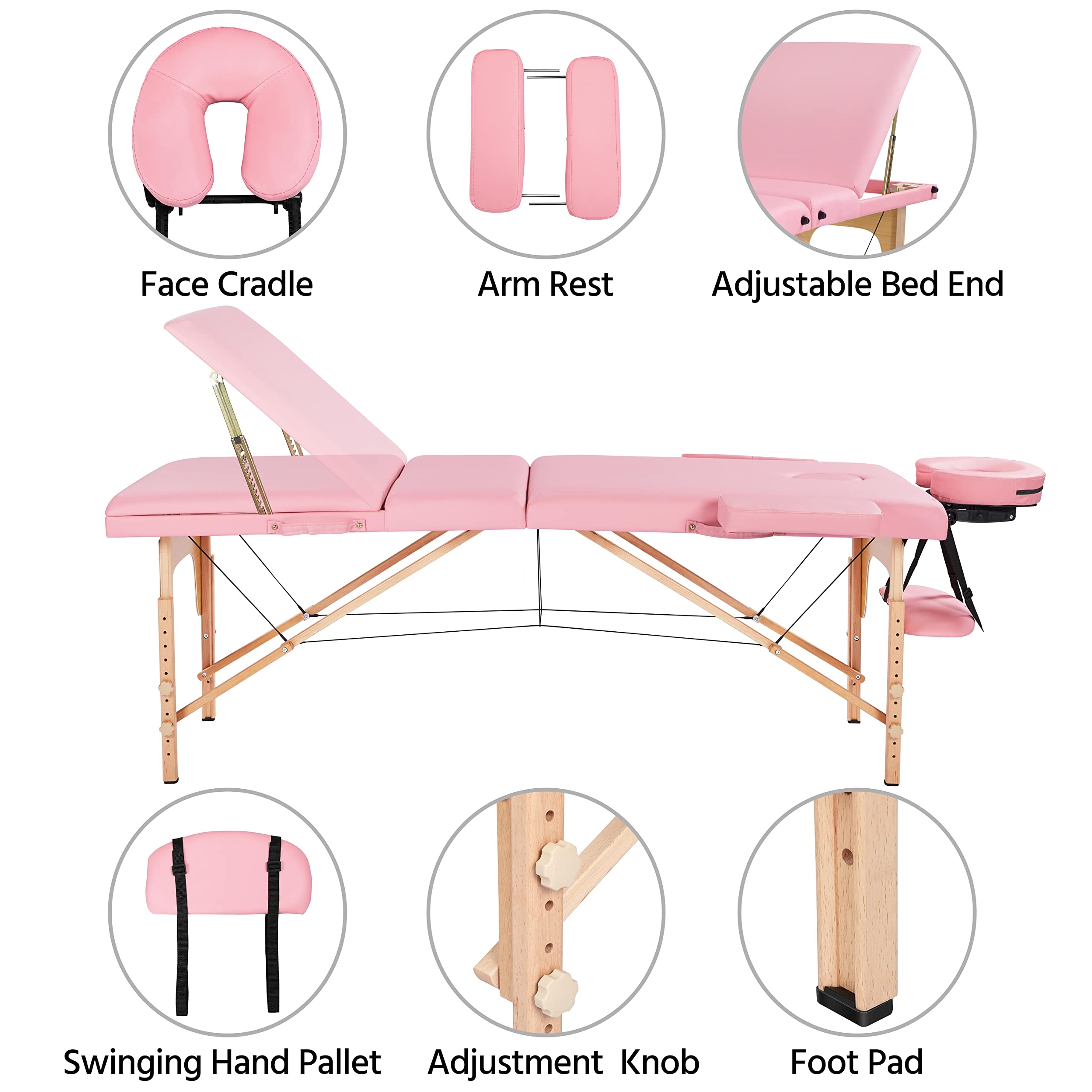 Topeakmart Portable Adjustable Lash & Massage Bed - 3 Folding Salon Table with Face Cradle for Eyelash Extensions, Tattoo & Spa Treatments (Pink) | Perfect for Beauty Salons, Home Use & Professional Therapists