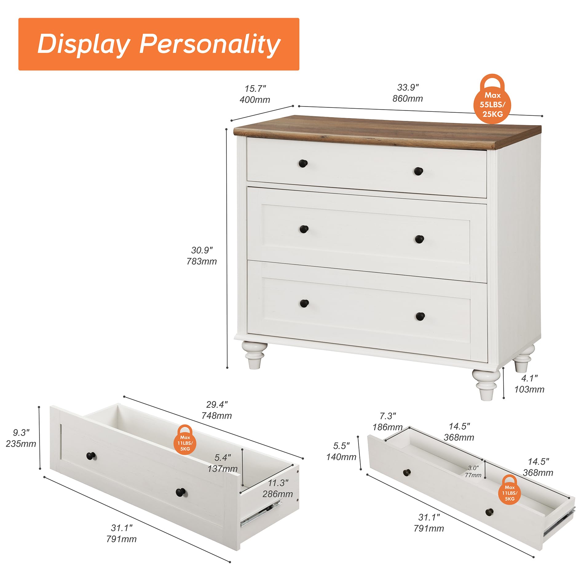 WAMPAT 3-Drawer Dresser for Bedroom - White Mid Century Modern Wooden Chest of Drawers - Kids Dresser & Storage Organizer for Nursery, Living Room, Hallway - Perfect for Clothes, Toys & Home Organization