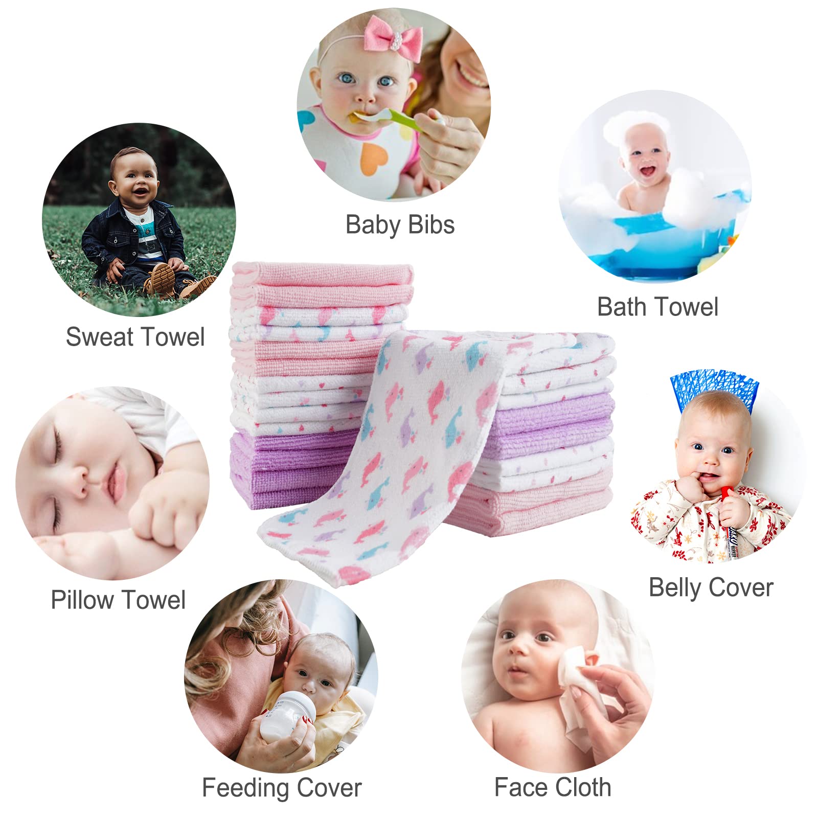 **24-Pack Ultra Soft Baby Washcloths - 9x9 Inch Extra Absorbent & Gentle for Sensitive Skin | Unisex Face & Body Towels for Boys & Girls | Perfect for Bath Time, Diaper Changes & Travel (Pink Whale Design)**