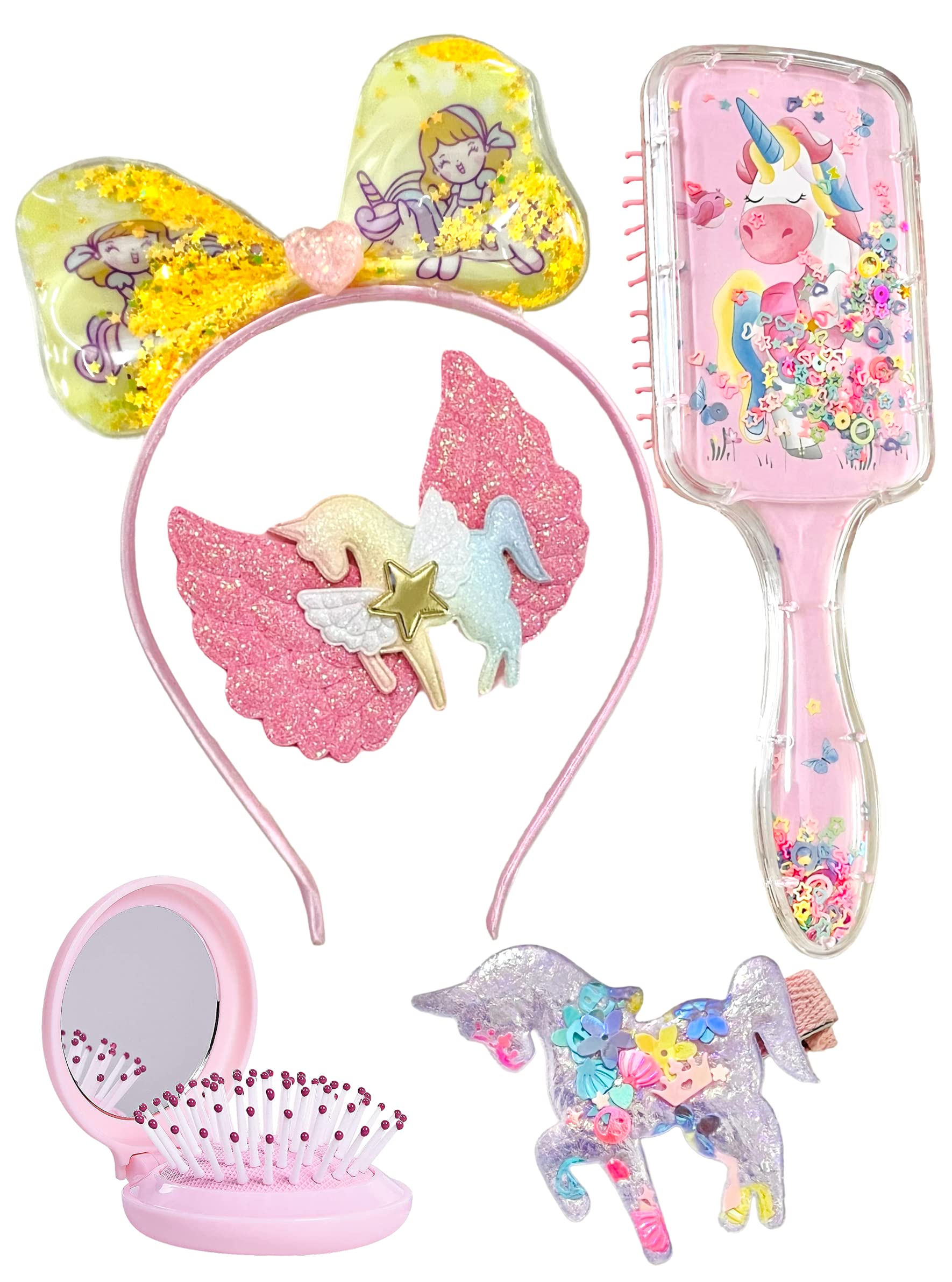 Non-Toxic Plastic Unicorn Coin Pouch Set with Hair Brush, Mirror, Comb & Silicone Hair Clips - Cute Multicolor Unicorn Accessories for Girls, Kids Birthday Gifts & Party Favors - Perfect for School, Travel & Daily Organizing