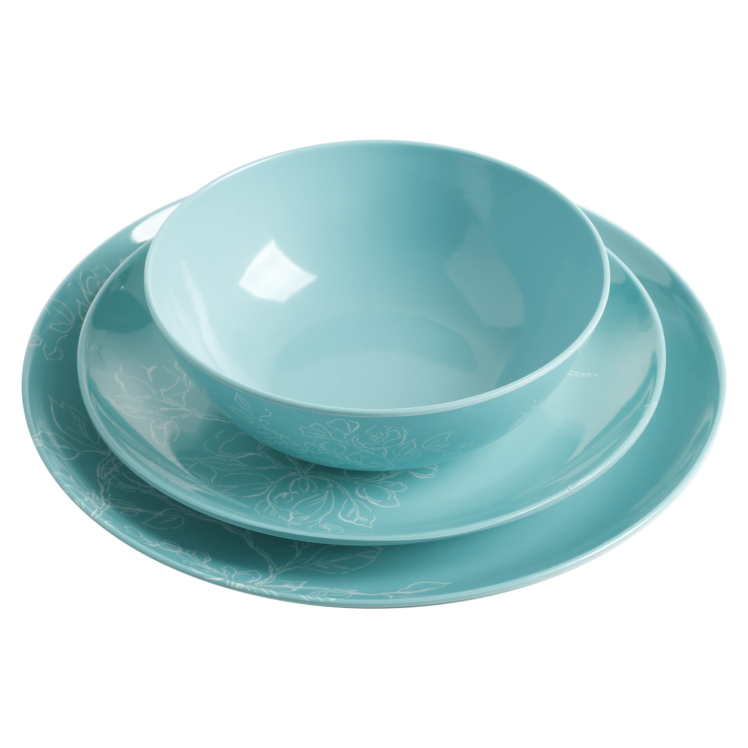 Martha Stewart Dragonfly Melamine Dinnerware Set - Teal, 12-Piece Service for 4, Outdoor & Indoor Use, Shatterproof & Lightweight for Picnics, Pool Parties & Everyday Dining