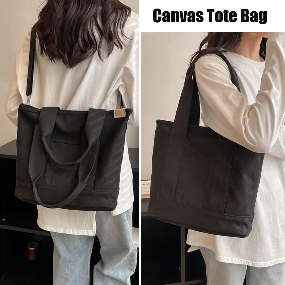 Zippered Multi-Pocket Canvas Tote Bag - Crossbody & Shoulder Bag for Travel & Shopping