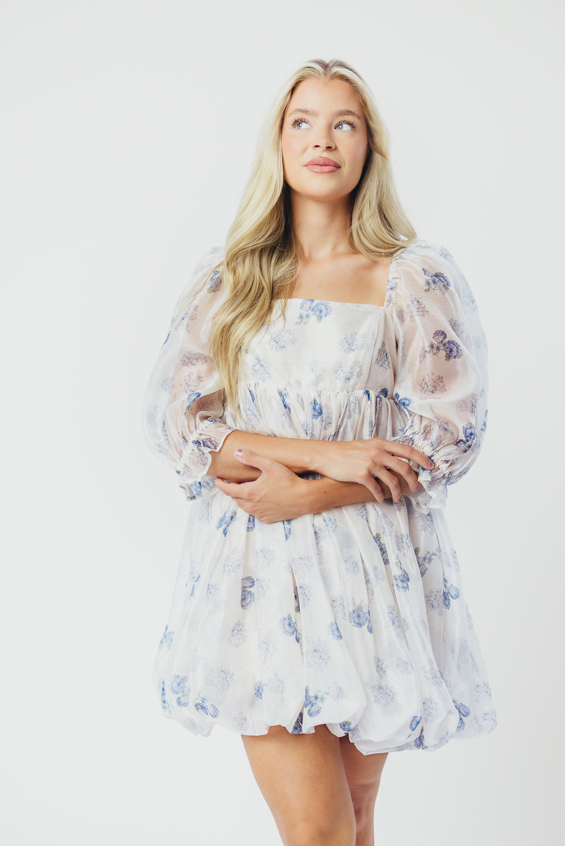 Chase Bubble Hem Mini Dress - White & Periwinkle Floral Summer Dress for Women | Casual Party, Beach Vacation, Date Night Outfit