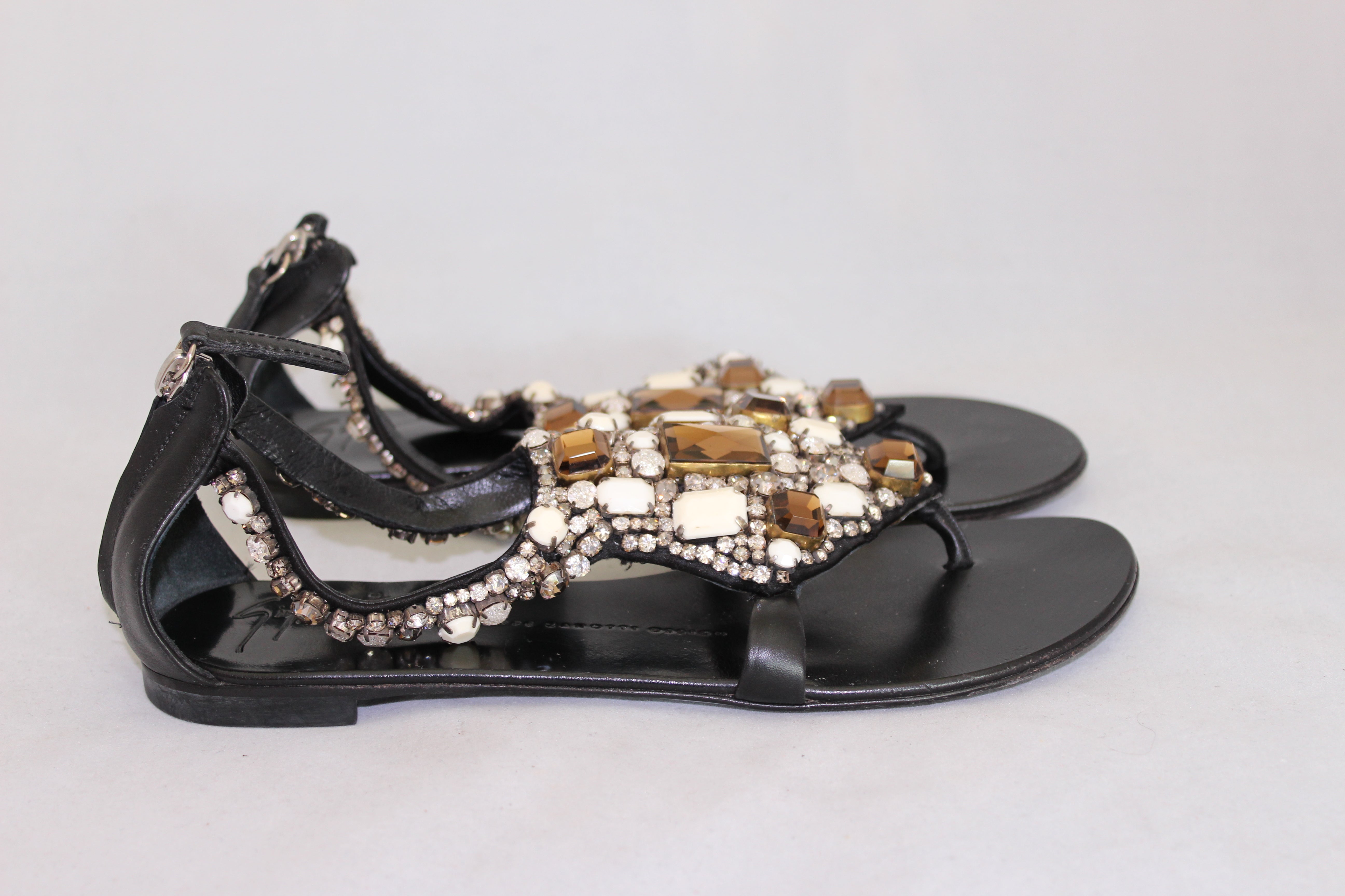 Zanotti Black Flat Rhinestone Flip Flops Sandals - Size 37 | Comfortable Summer Beach Shoes for Women | Perfect for Pool, Vacation & Casual Wear