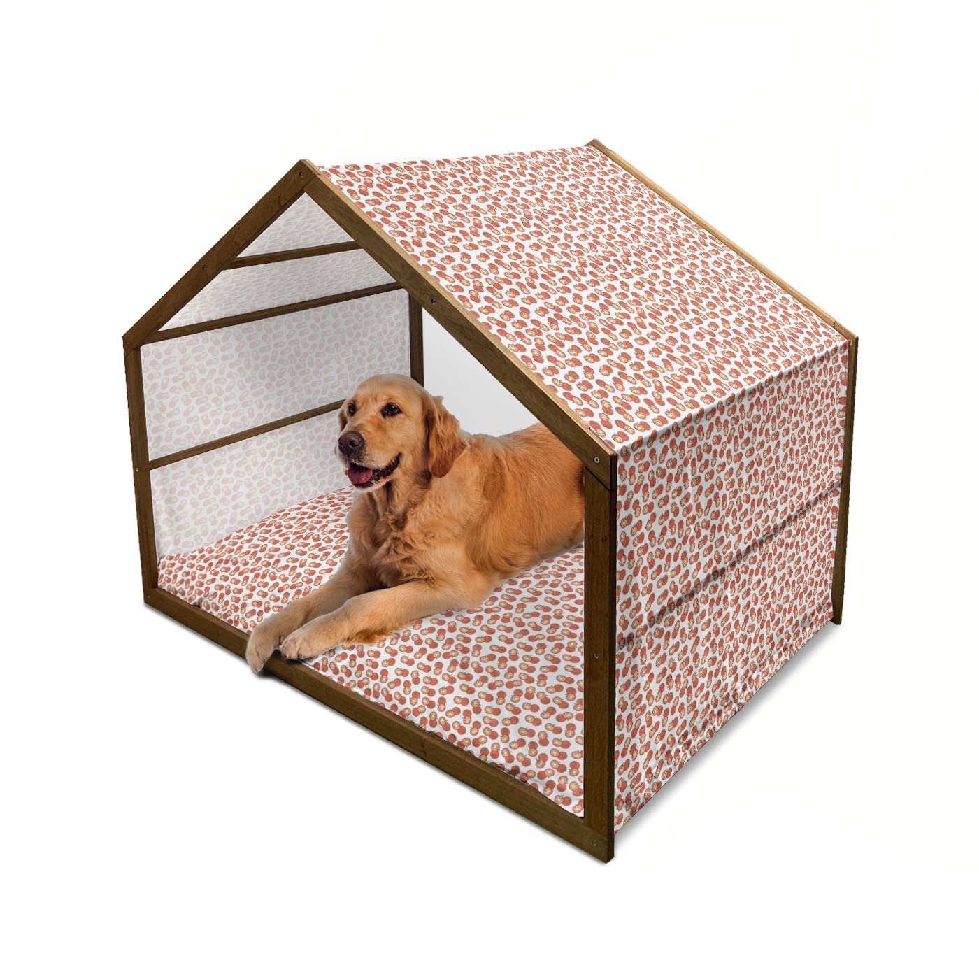 Lunarable Wooden Dog House with Hand-Drawn Tomato Pattern - Indoor/Outdoor Portable Pet Kennel with Pillow & Cover - X-Large Size in Vermilion, Cream & Green - Perfect for Backyard, Patio or Living Room Pet Shelter