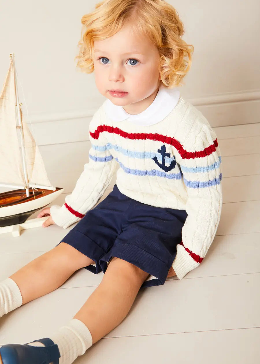 Beige Anchor Motif Cable Knit Jumper for Kids (Ages 2-10 Years) - Cozy Winter Sweater for School & Outdoor Activities