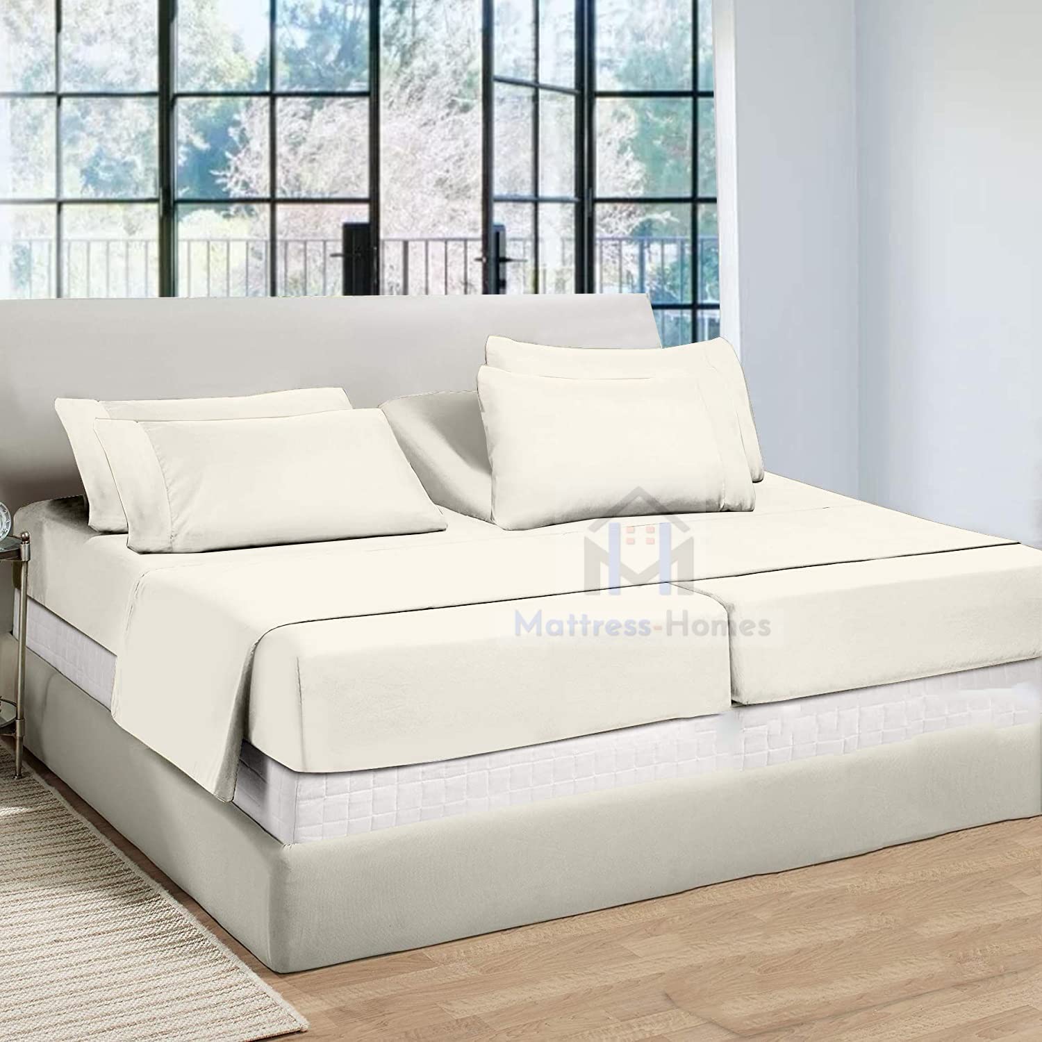 7-Piece Split King Sheet Set for Adjustable Beds - 600 Thread Count 100% Long Staple Soft Combed Cotton - Ivory Solid - Perfect for Adjustable Beds, Guest Rooms & Master Bedrooms