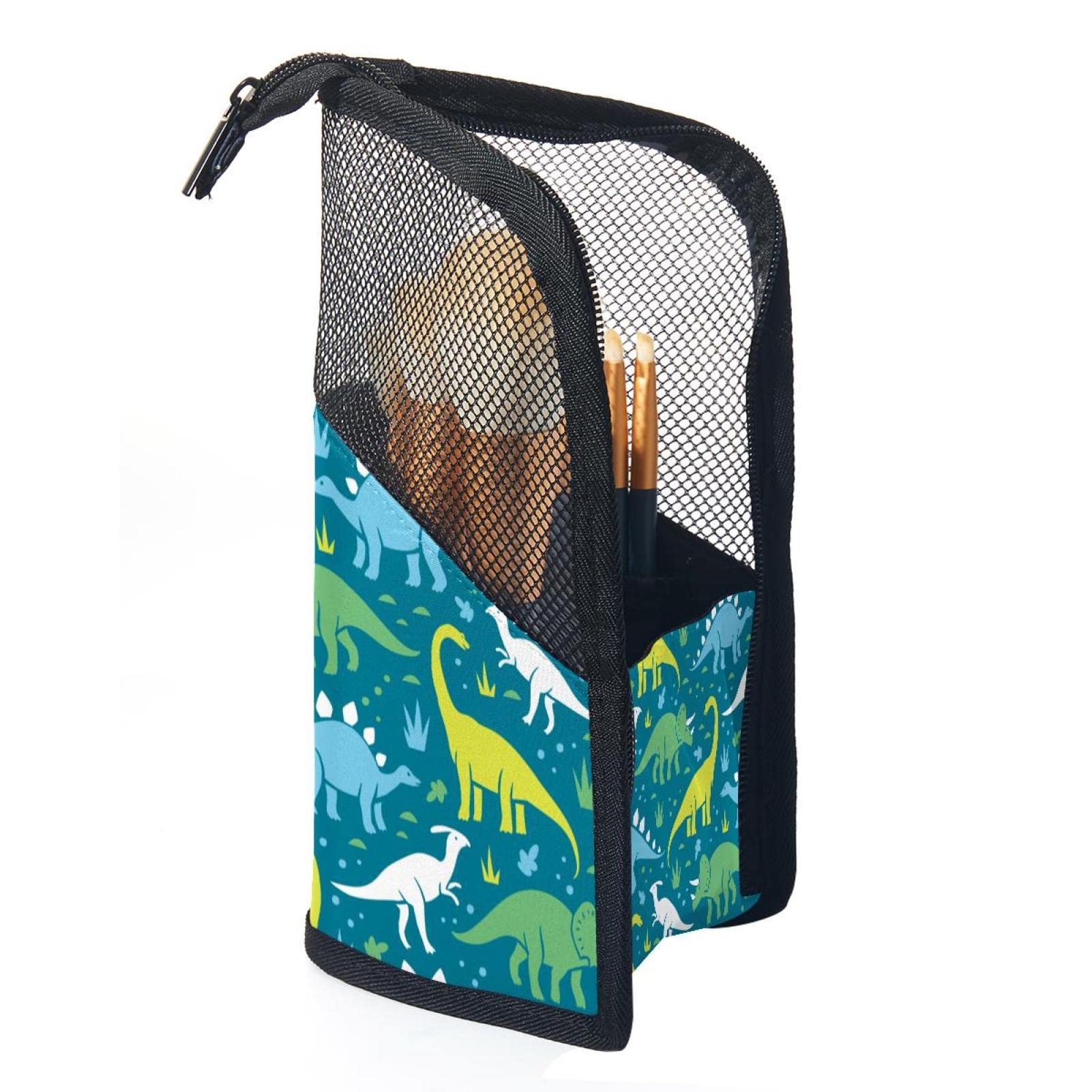 Professional 12-Piece Cosmetic Brush Set with Dinosaur Stand-up Holder - Travel-Friendly Makeup Brush Organizer Pouch for Women & Girls | Perfect for Home, Travel & Artist Storage