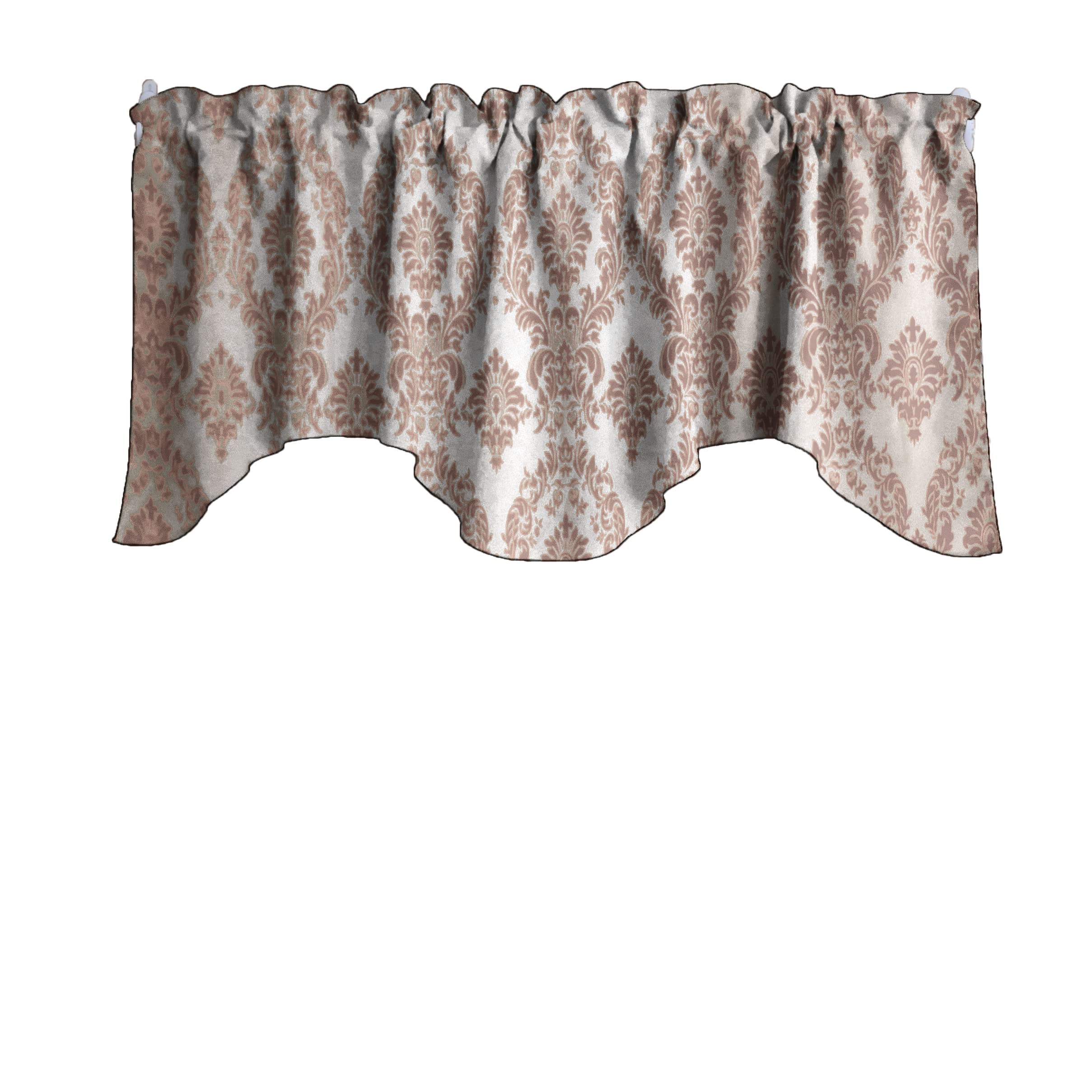 Flocked Damask Scalloped Wave Window Valance - Gothic Victorian Home Decor for Bedroom & Kitchen - Brown on Ivory - Perfect for Vintage Style Windows & Elegant Interior Design