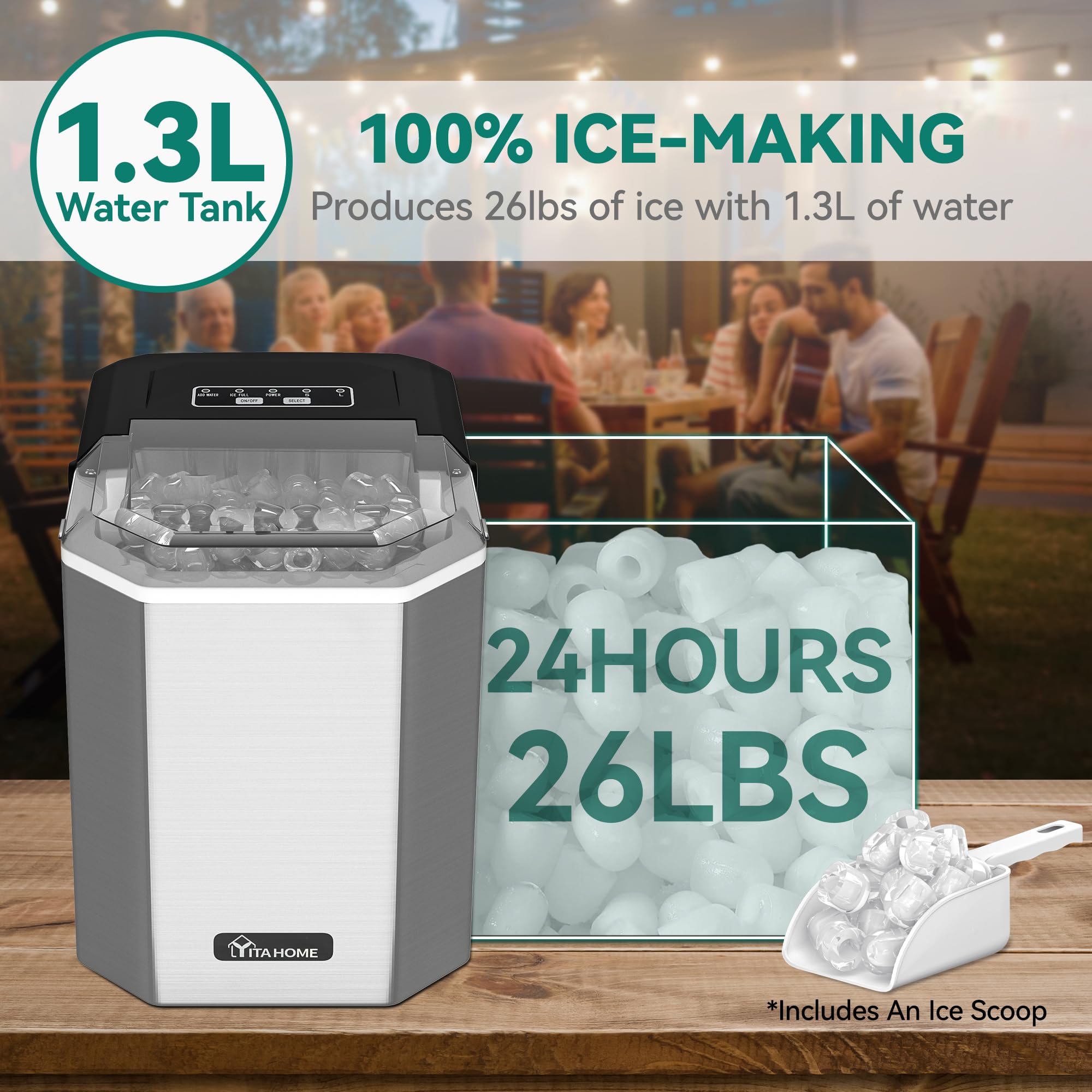 YITAHOME Portable Countertop Ice Maker Machine - 9 Ice Cubes in 6 Minutes, 26LBS/24H - Stainless Steel Self-Cleaning Compact Ice Maker with Handle, Scoop & Basket - Perfect for Home, Office, RV, Boat & Outdoor Parties
