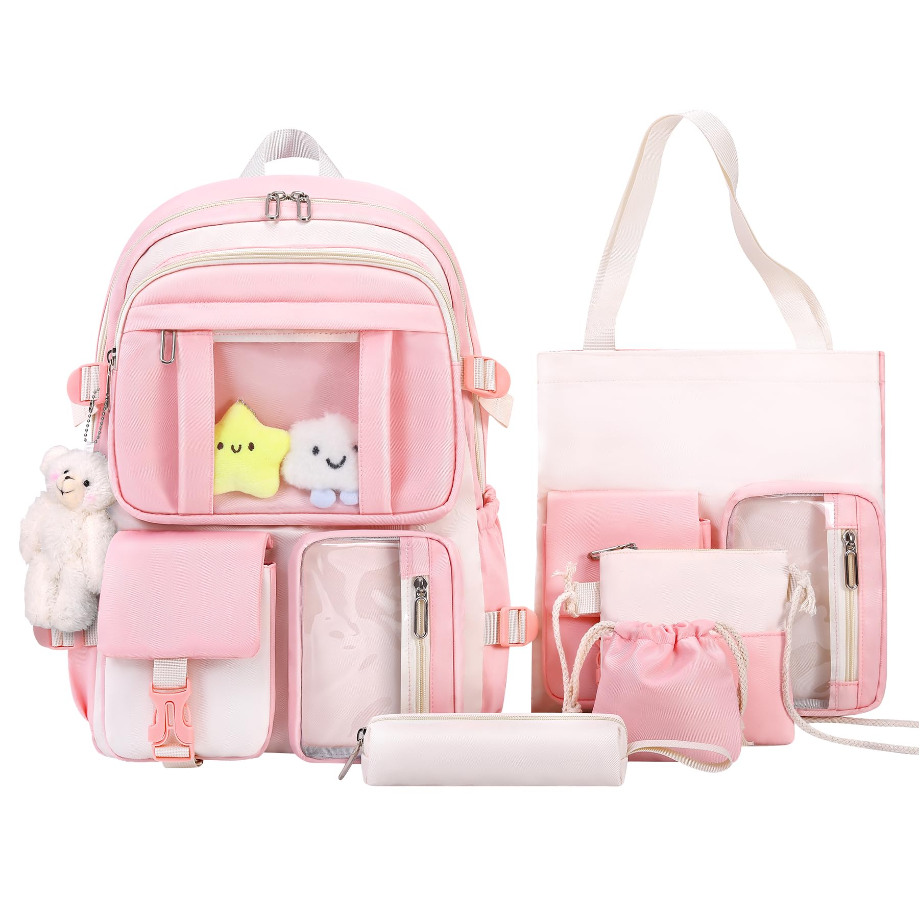Kawaii Clear Backpack 5-Piece Set for School - Cute Aesthetic Preppy Backpack with Pendant for Girls & Boys (Cream Pink) | Perfect for Elementary Students, School Supplies, and Trendy Fashion Accessories