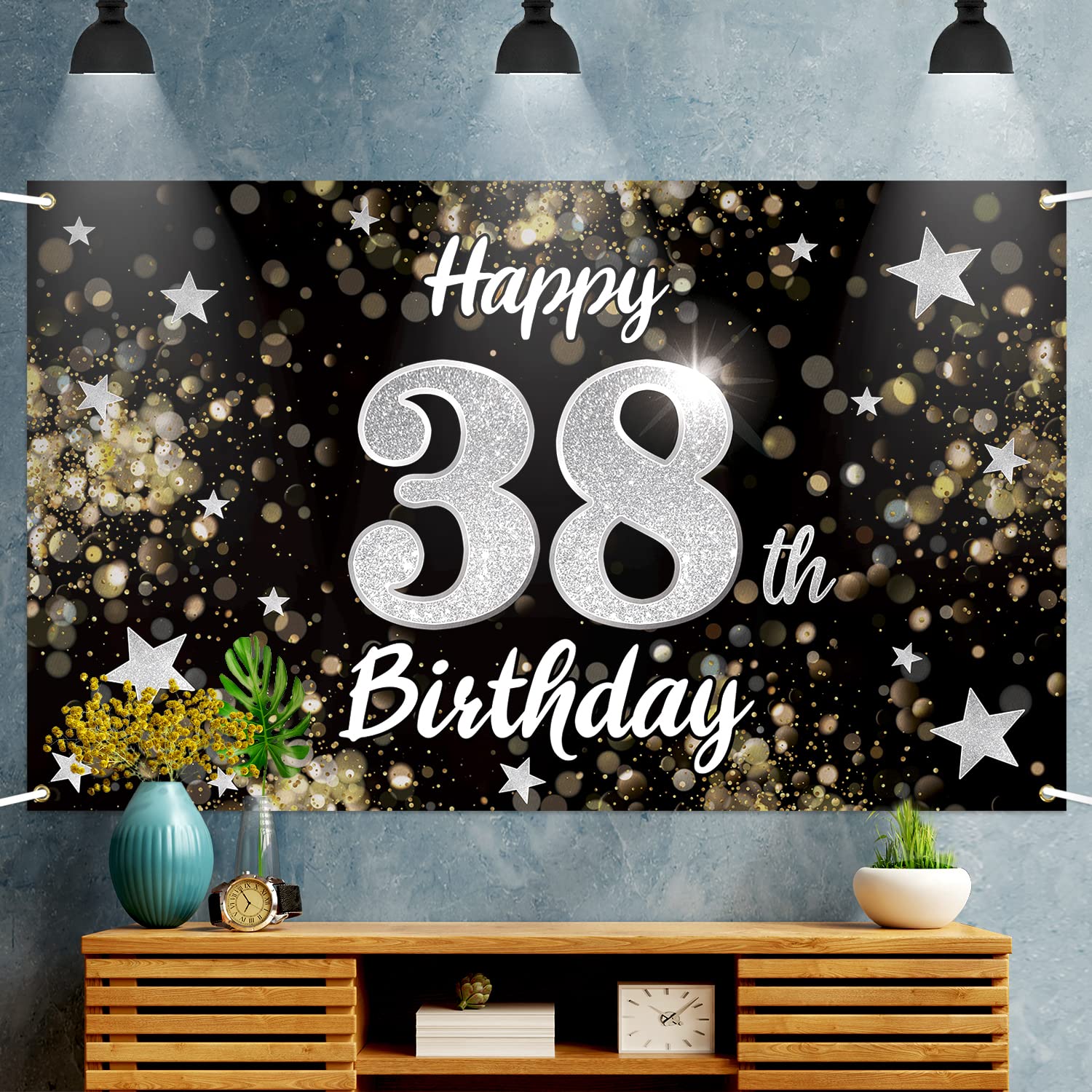 38th Birthday Decorations - Black & Silver Dream Star Large Backdrop Banner for 38 Year Old Birthday Party | Cheers to 38 Years Sign | Perfect for Milestone Celebrations, Photo Booths & Home Decor