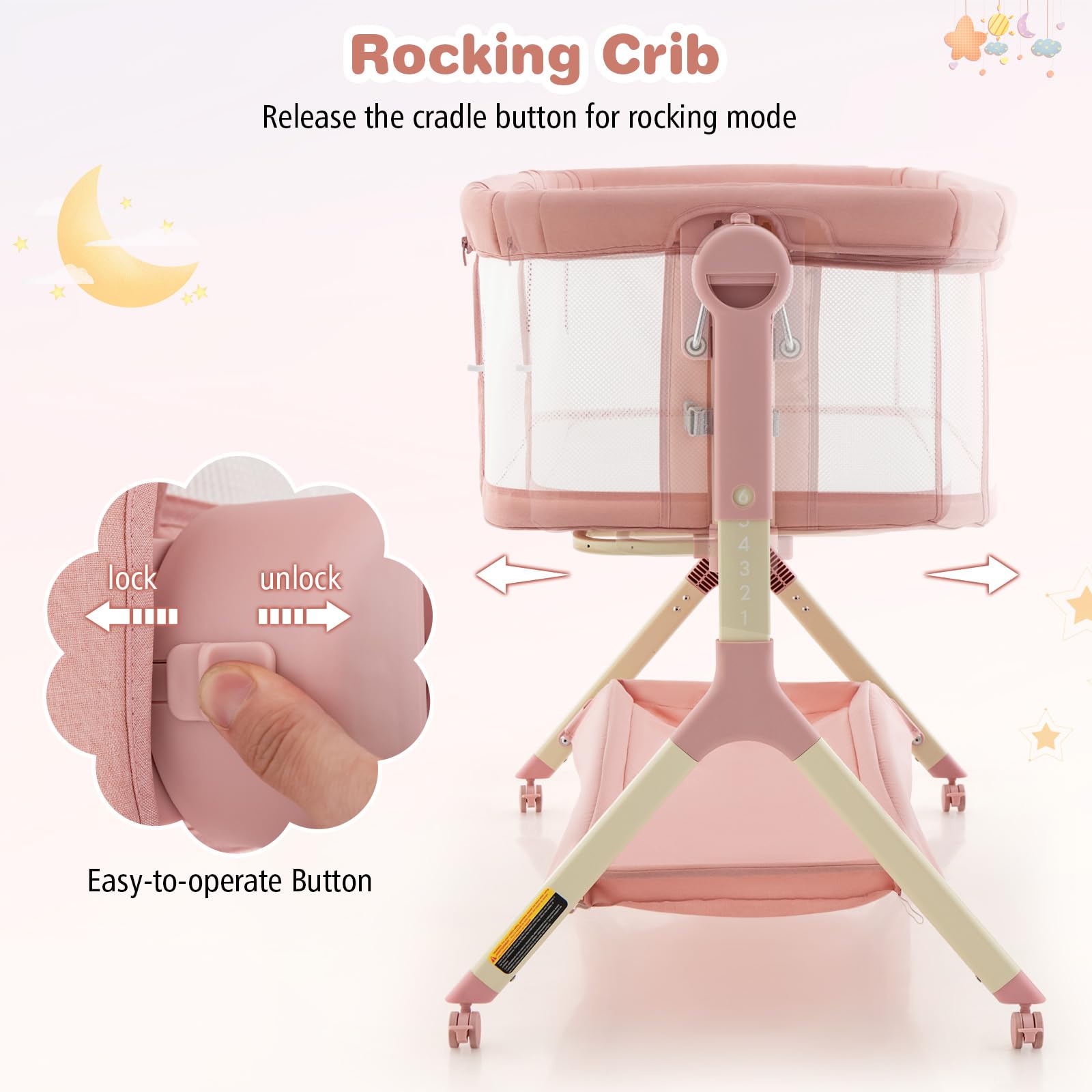 BABY JOY 3-in-1 Rocking Bassinet with Storage Basket | Adjustable Height Baby Bedside Sleeper with Universal Wheels, Mattress & Portable Bag | Nursery, Bedroom & Travel Use (Pink)