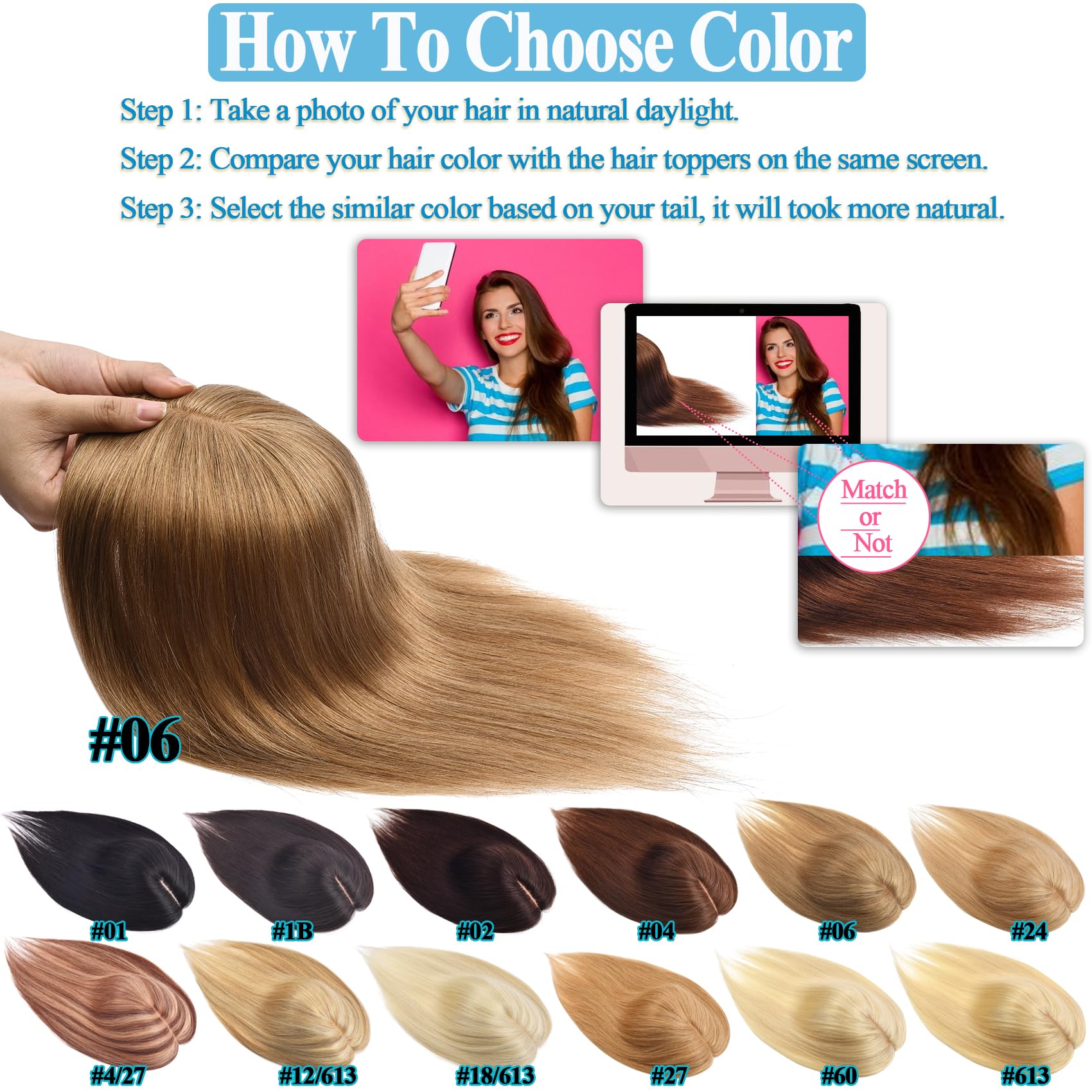 Premium 14 Inch Human Hair Toppers for Women - 150% Density Remy Hair Extensions with Silk Base, No Bangs Clip-In Hair Pieces for Thinning Hair (#06) | Perfect for Daily Wear, Special Occasions & Hair Volume Enhancement