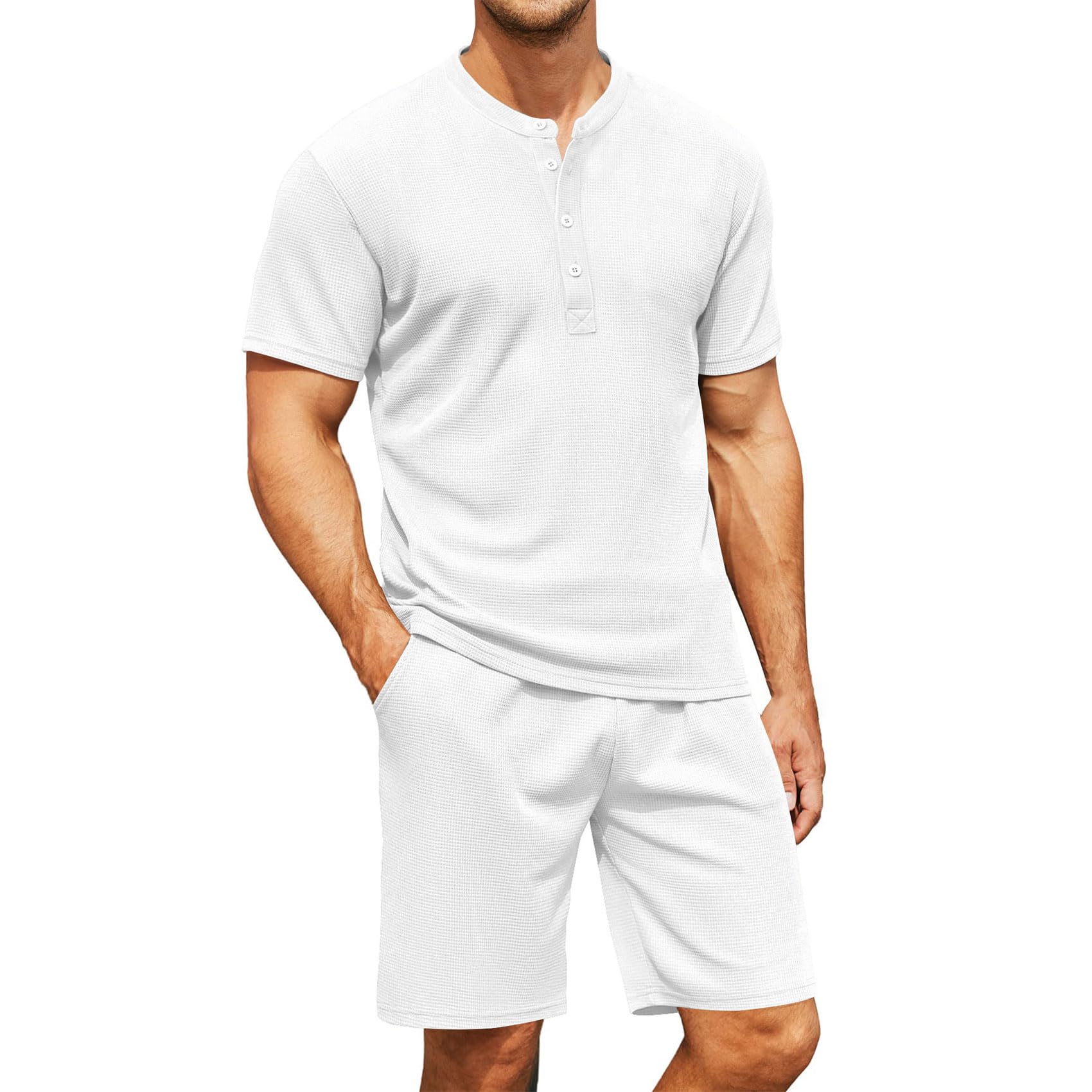 Men's Waffle Knit 2-Piece Summer Outfit - Breathable Short Sleeve Henley Shirt & Stretch Shorts Set | Casual Lounge Wear, Gym Clothes & Vacation Outfits