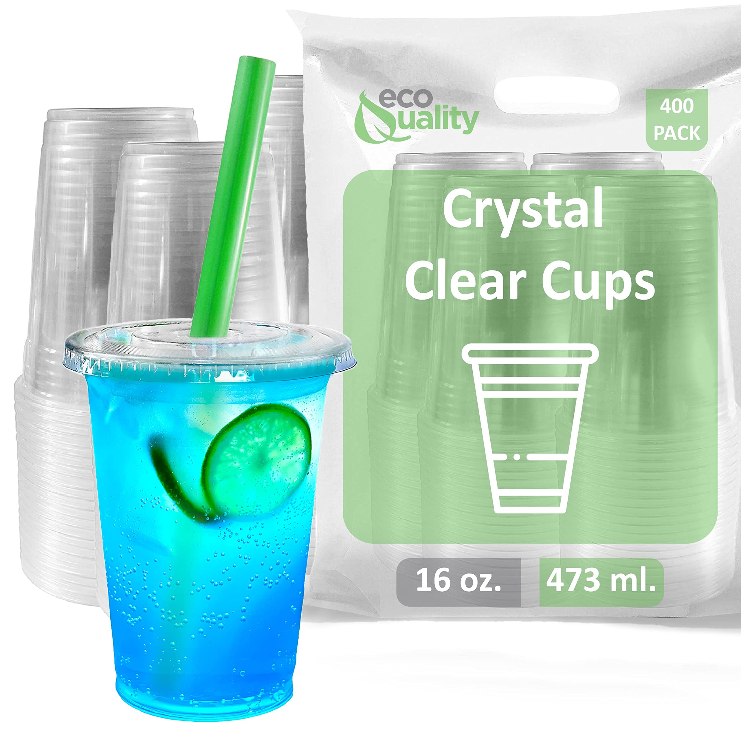 16 oz Clear Plastic Disposable Cups with Lids & Straws - 400 Count PET Drink Cups for Smoothies, Protein Shakes, Bubble Tea, Iced Coffee, Boba, Juice | Meal Prep, Parties, Cafes, Restaurants, and Takeout