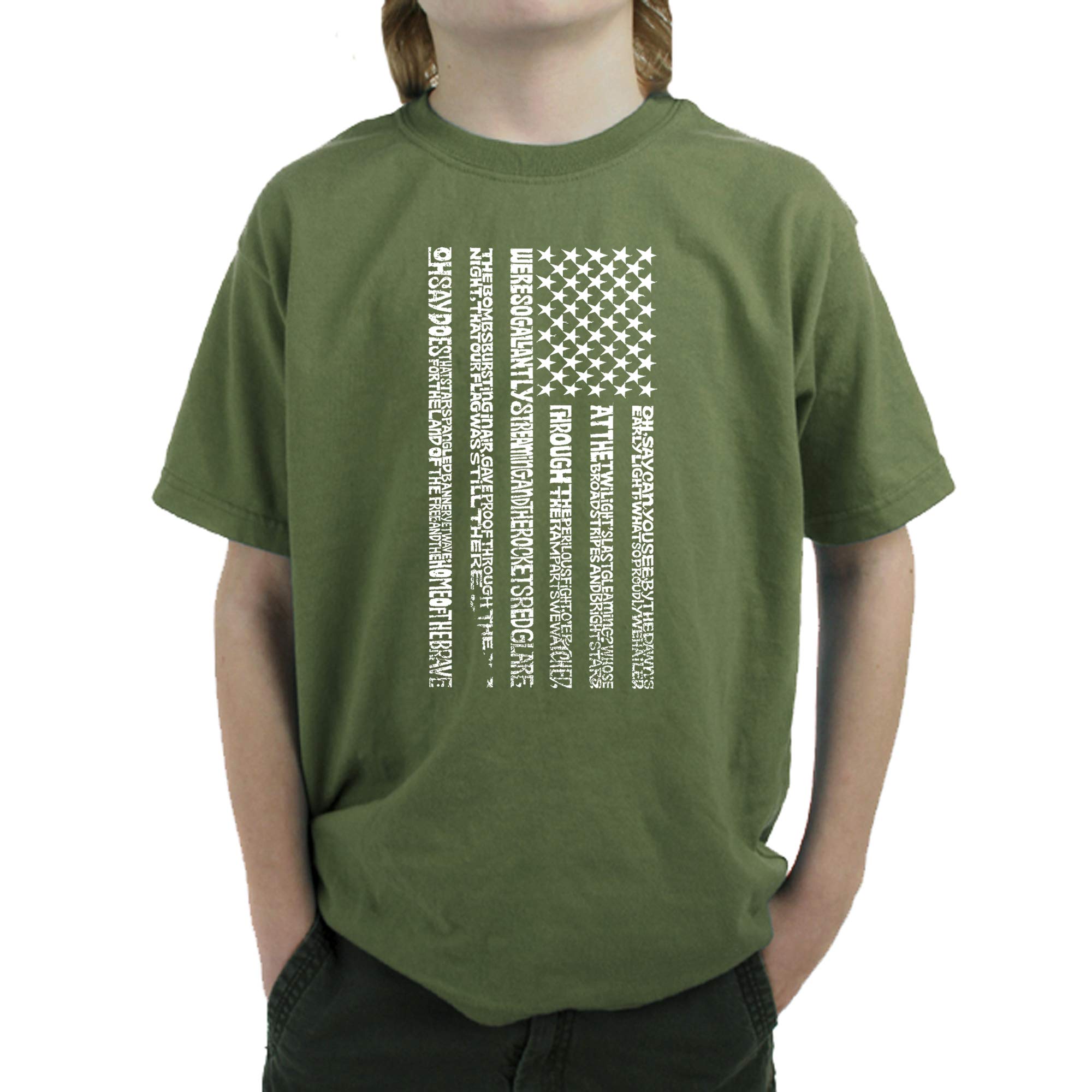 LA POP ART Boys' Word Art T-Shirt - Patriotic National Anthem Flag Design | Cool Graphic Tee for Kids, Boys & Teens | Perfect for 4th of July, Memorial Day & School Spirit Events