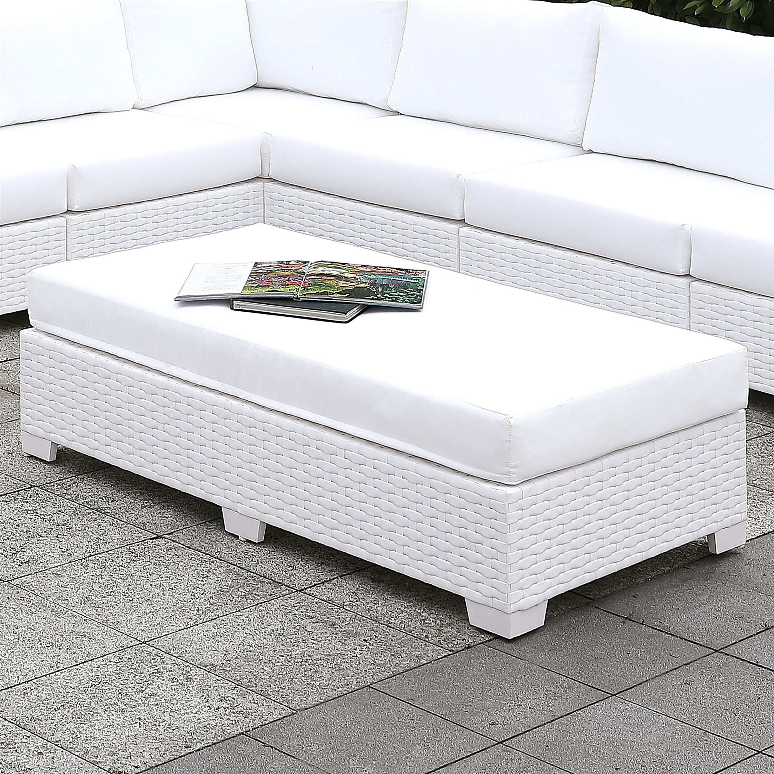 Furniture of America Arthur White Rattan Rectangular Patio Ottoman - Outdoor Garden, Poolside, and Patio Lounge Seating Accent Piece