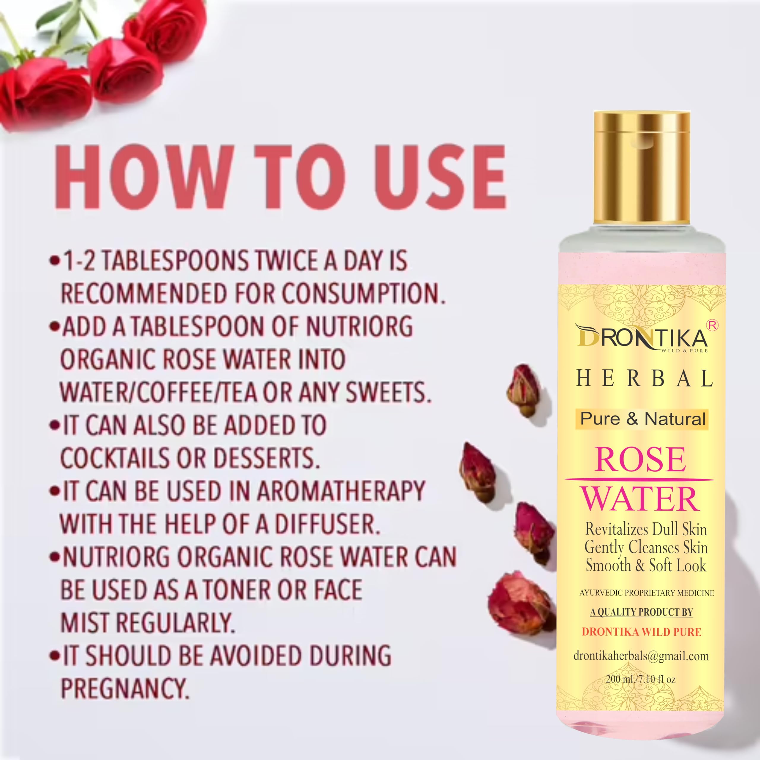 Drontika Herbal Rose Water (Gulab Jal) - Natural Skin Toner with Rose Oil, Paraben-Free, 200ml | Hydrating Facial Mist for Dry Skin, Makeup Setting Spray & Refreshing Skin Care Routine